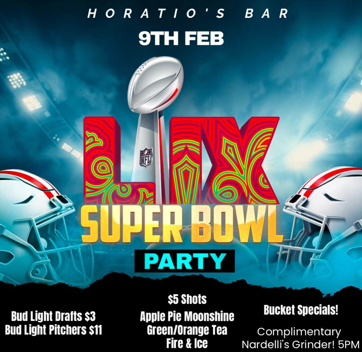 Super Bowl Party 2/9! 🏉🏟️ Drink specials all day! Complimentary grinder and appetizers 5pm! #eagles #bills #chiefs #commanders