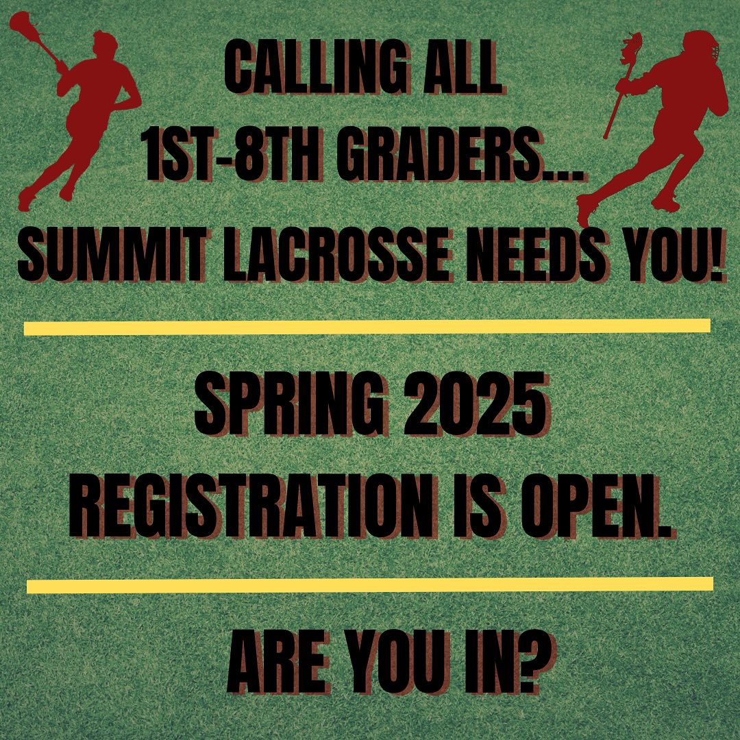 Calling all Summit 1st-8th graders! Come play lacrosse this spring! All levels welcome. Swipe 👈 for details…
Reach out with questions or if you want to help coach..😉🥍
