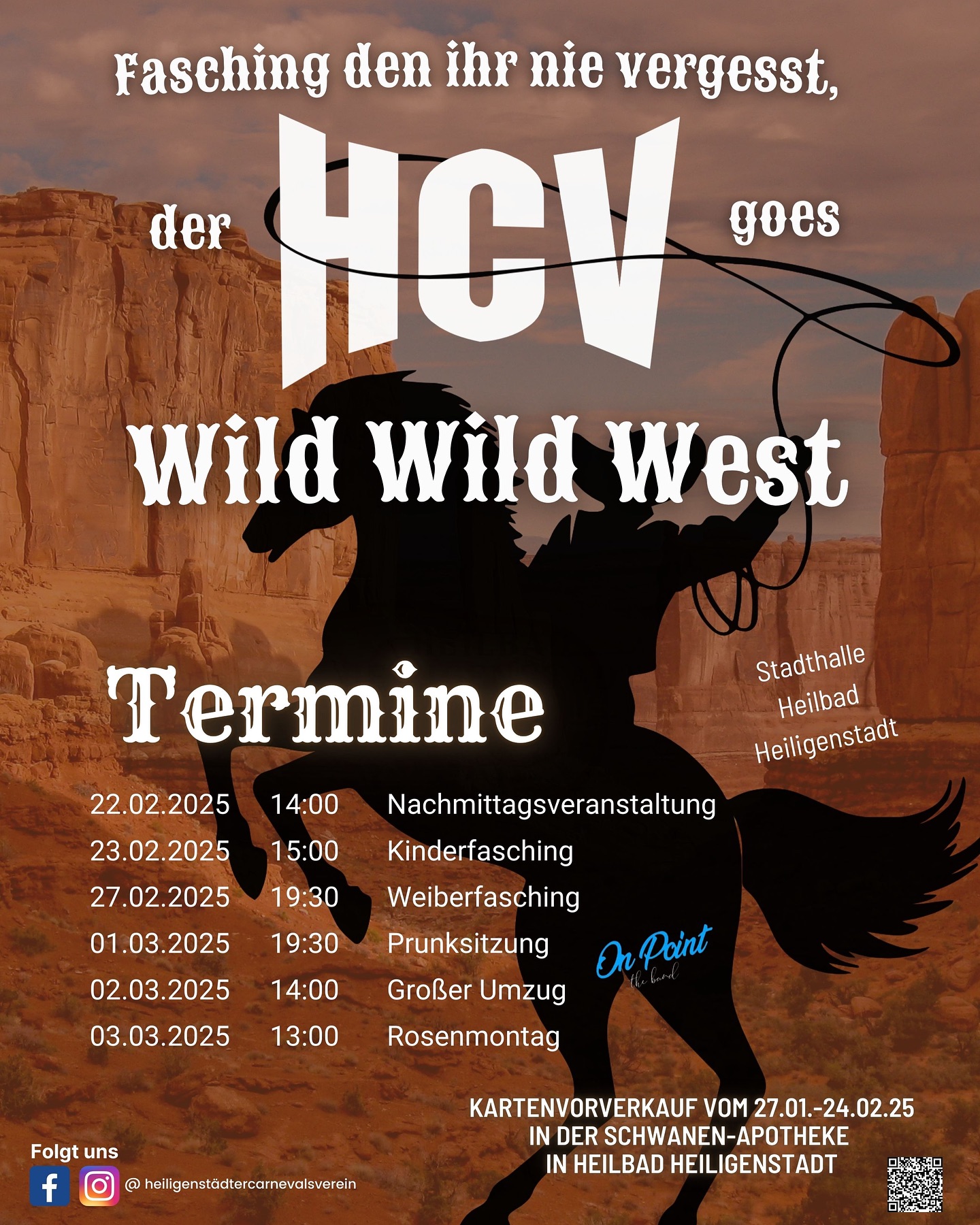 Fasching, den ihr nie vergesst – der HCV goes Wild Wild West! 🤠
Der Countdown läuft, und bis zum Start der Karnevalszeit sind es nur noch wenige Wochen. Am 27.01.2025 beginnt der Kartenvorverkauf in der Schwanen-Apotheke in Heilbad Heiligenstadt.
Ihr wollt mit uns feiern? Dann sichert euch ab Montag eure Karten für eine unserer Veranstaltungen!
An dieser Stelle bedanken wir uns herzlich bei den Mitarbeiterinnen der Schwanen-Apotheke für den Verkauf der Karten und freuen uns auf jeden Karnevalisten und jede Karnevalistin, die wir in der Stadthalle begrüßen dürfen.
Bis dahin ein dreifach donnerndes HIG HIG HELAU! 🎉
#highighelau #karneval #fasching #fünftejahreszeit @apothekenheiligenstadt @heilbadheiligenstadt.erleben
