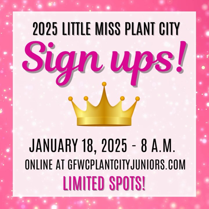It’s tiiiiiime! Sign ups for the 2025 Little Miss Plant City contest begin SATURDAY! Applications are ONLINE ONLY, and available 1/18 at 8 a.m. Spots are limited to 50, so don’t wait! The contest will be held 5/3/25. **Please note that the form will not be visible until 8 a.m. Saturday.** Head to gfwcplantcityjuniors.com and @plantcitylmpc for more information. Link in bio. #gfwcplantcityjuniors #lmpc #littlemissplantcity #plantcity