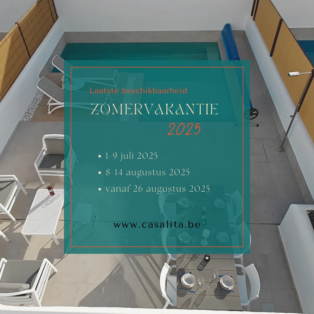 Wil je tijdens de zomervakantie nog komen genieten van de Spaanse zon? Wees er snel bij want, zoals je kan zien, zijn er nog maar enkele beschikbaarheden!
☀️
Gelukkig kan je ook tijdens de rest van het jaar genieten van heerlijk weer aan de Costa Calida.
Swipe ⬅️ om alle beschikbare data te bekijken.
☀️
Boekingsaanvragen en meer info vind je op onze website: www.casalita.be
#holidayvilla #vakantievillatehuur #vakantievillaspanje #costacalida #losalcazares