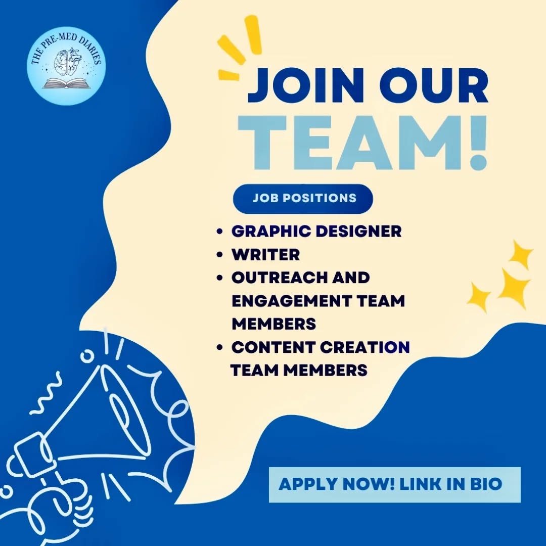 🚨 We’re Hiring! 🚨
Passionate about promoting health and spreading hope? The Pre-Med Diaries is growing, and we'd love for YOU to be part of our mission-driven team!🌟
💡 Open Positions:
🎨 Graphic Designer
✍️ Content Writer
📢 Outreach and Engagement Team Members
🎥 Content Creation Team Members
📌 How to Apply: Click the link in our bio to get started. Together, let’s shape healthier, brighter futures! 🩵
#wearehiring #joinourmission #healthandcompassion #ThePreMedDiaries #CommunityWellness #NonProfitJobs#fyp #newmembers