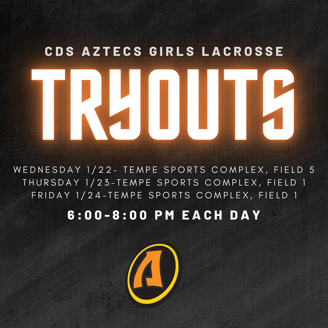 Tryouts for the 2024-2025 season is just FOUR days away!!
Please remember all tryouts are mandatory! Practice begins promptly at 6, so be there early and ready to go!
If you have any questions, please feel free to send us a DM or email: cdsgirlslax@gmail.com
We are so excited for this upcoming season! Go Aztecs! 🧡🖤🧡🖤