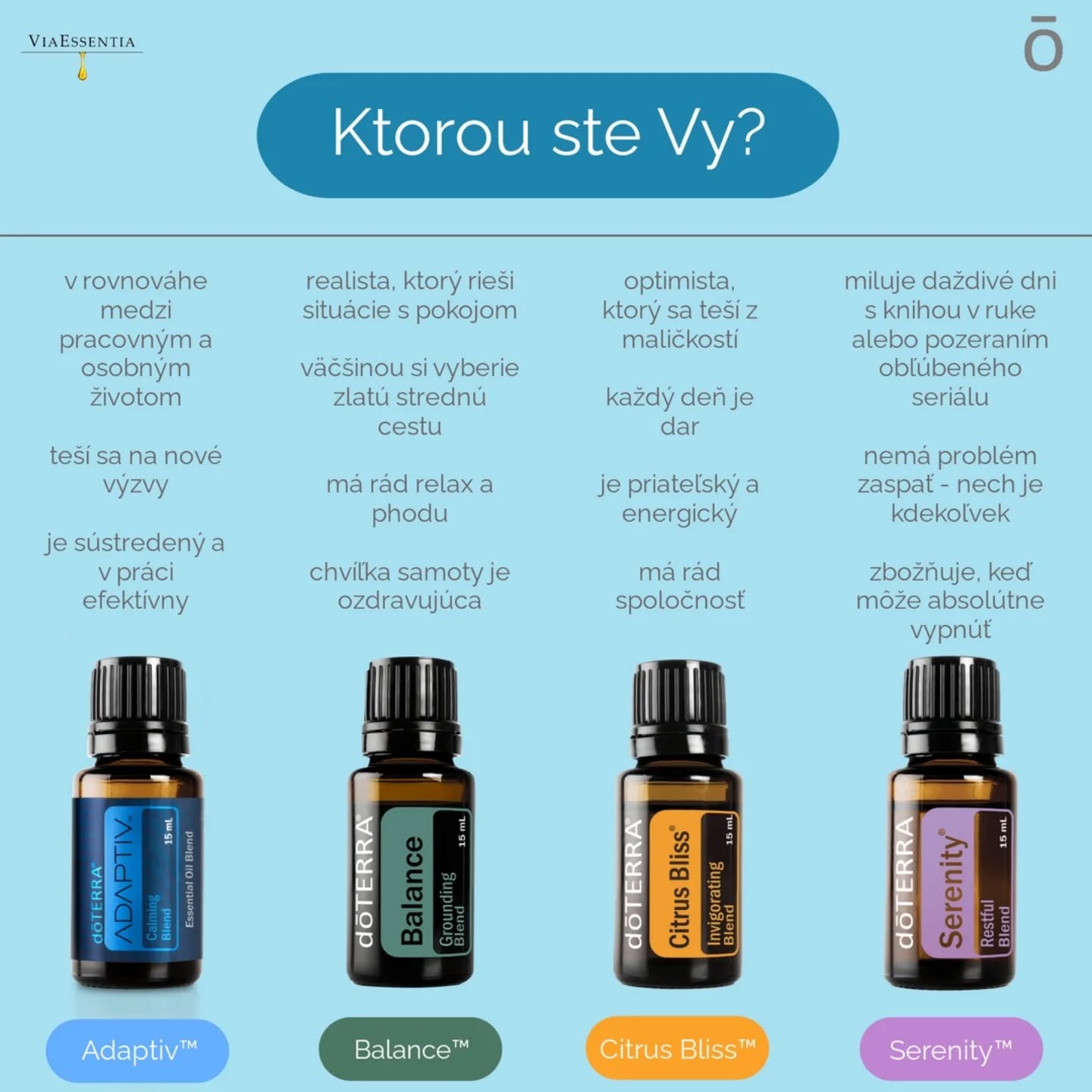 💙💚🧡💜 Ak by ste sa na základe svojich charakteristík mali stať zmesou esenciálnych olejov - ktorou by ste prevažne boli?
....Ak by ste práve potrebovali časť svojej osobnosti, ktorá sa dostala do úzadia - esenciálne oleje vám môžu pomôcť opäť nájsť svoj stred.... stačí ak si vyberiete práve tú, ktorá reprezentuje to, čo by ste pre seba práve potrebovali.
👀🧠👃Prečo je to možné?
https://www.viaessentia.info/post/esenciálne-oleje-a-aromaterapia
Esenciálne oleje sú podpornými nástrojmi k emocionálnemu manažmentu 😊
❗doTERRA disponuje veľmi pestrou paletou zmesí, ktoré sú špeciálne navrhnuté pre uľahčenie zvládania negatívnych emócií a podporu tých, ktoré máme v živote radi.
👉 TIP:
Esenciálnymi olejmi môžete pomôcť
➖stíšiť určité druhy emócií
➕zvýrazniť určité druhy emócií
Niekedy je fajn namiesto snaženia sa zmierneniť konkrétnu emóciu - podporiť jej opak.
Je to vysoko individuálne.... niekedy je lepšie utíšiť danú emóciu a inokedy sa zas snažiť podporiť jej opak.
Po privoňaní k fľaštičke však okamžite zistíte či je to tá správna voľba. ☺️
---------------------------------------------------
doTERRA E-SHOP:
https://www.viaessentia.info/doterraeshop
😊 Ak ste zvedaví na svet esenciálnych olejov, ale neviete ako začať:
https://www.viaessentia.info/vasacesta
#esencialneoleje #aromaterapia #emocie #opora #podpora #dotykprirody #vonavo #pokojne #sradostou #cielene #viaessentia