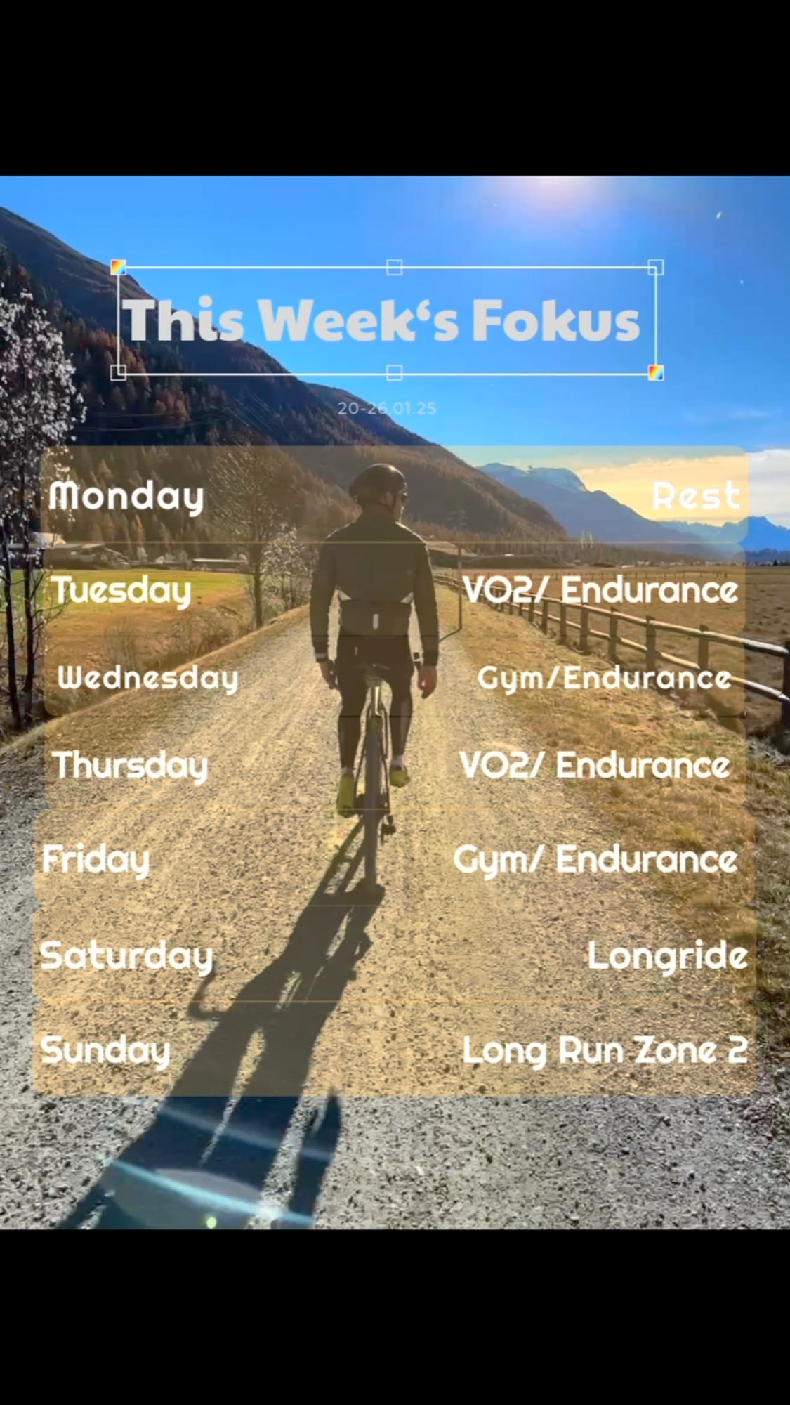 THIS WEEK’S FOCUS:
Is the new weekly outlook 🔭 on my training schedule. Training Zones and distribution are the main parameters and should give an insight over the different phases of my buildup 📈 towards the new season.
Let me know what I should add to it!
