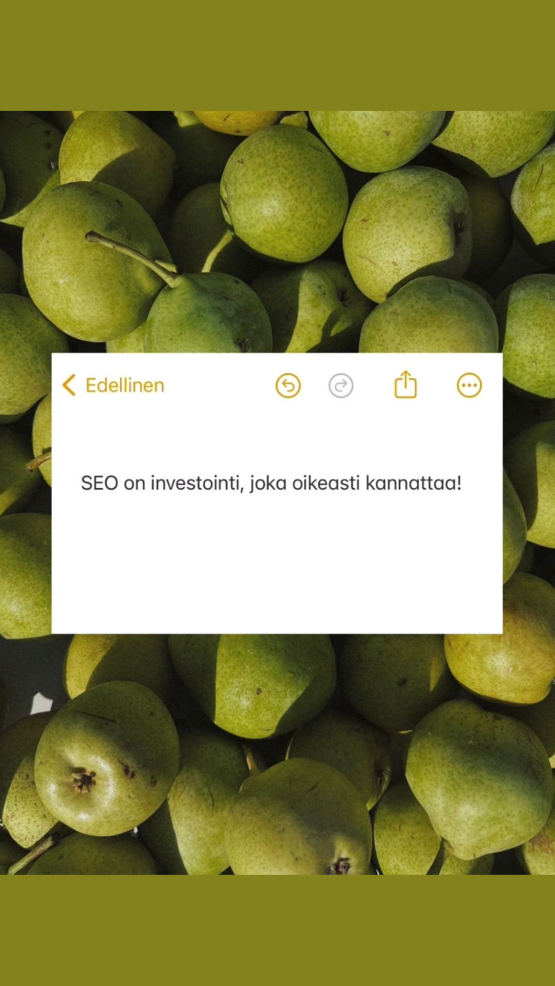 Haluaisitko yrityksesi olevan se, joka loistaa muiden joukosta? ✨🍐 Tuntuuko susta siltä, etteivät asiakkaasi löydä verkkosivujesi pariin?
Kuvittele itsesi tälle päärynälaarille. Edessäsi on kasa herkullisia päärynöitä ja aiot valita niistä parhaat mukaasi. Oletan, että nappaat parhaat päältä etkä ala kaivelemaan päärynöitä kasan pohjalta, vai mitä? En usko, että myöskään asiakkaasi tekevät niin etsiessään palveluja Googlesta. He tuskin selaavat tuloksia kovinkaan pitkälle.💡
Suurin osa ostopoluista alkaa Googlesta ja ensimmäiset hakutulokset saavat eniten klikkauksia ja liikennettä. Jos et siis ole kärjessä, jäät muiden varjoon! 👀
Hakukoneoptimoinnin avulla voimme varmistaa, että asiakkaasi oikeasti löytävät juuri sinun yrityksesi ja palvelusi. ⚡️🍐 SEO ei ole pelkkiä teknisiä toimenpiteitä — se on mm. sitä, että puhut samaa kieltä asiakkaidesi kanssa. Täten tavoitat heidät ja saat liikennettä sivuillesi. 😌
Hakukoneoptimoinnin avulla voit myös ymmärtää asiakkaidesi tarpeita vieläkin syvällisemmin ja pystyt palvelemaan heitä entistäkin paremmin.
🍀 SEO on investointi, joka oikeasti kannattaa!
#hakukoneoptimointi #seoosaaja #seoasiantuntija #hakukonenäkyvyys #markkinointi #brändikuvaaja #yrityskuvaukset #naisyrittäjät #yrittäjät #salonyrittäjät