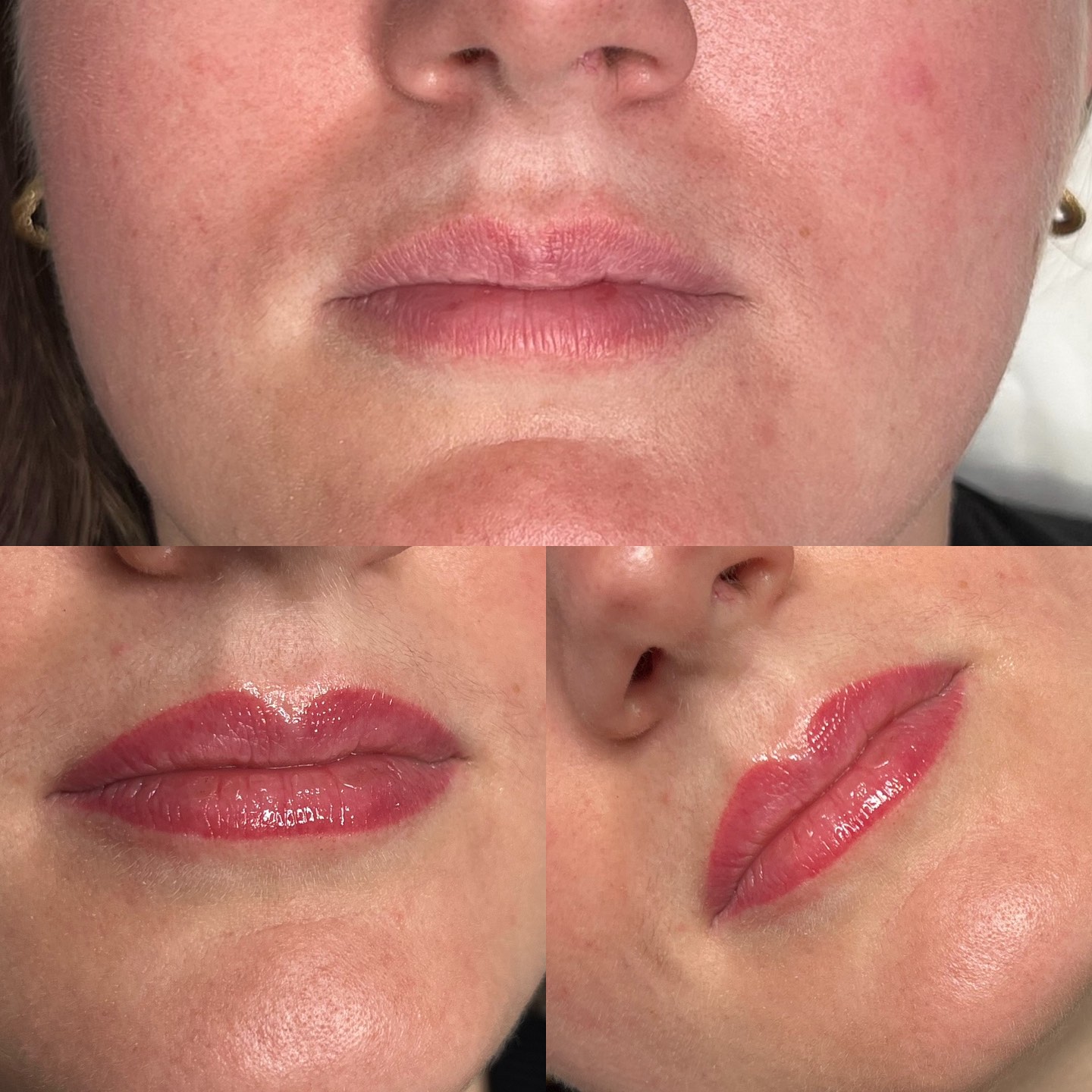 LIPS ♥️ same lips just 1 year apart. Lovely to see this beauty back for a little refresh. Swipe for immediately after top up #liptattoo #lipstick #lipblush #liptint