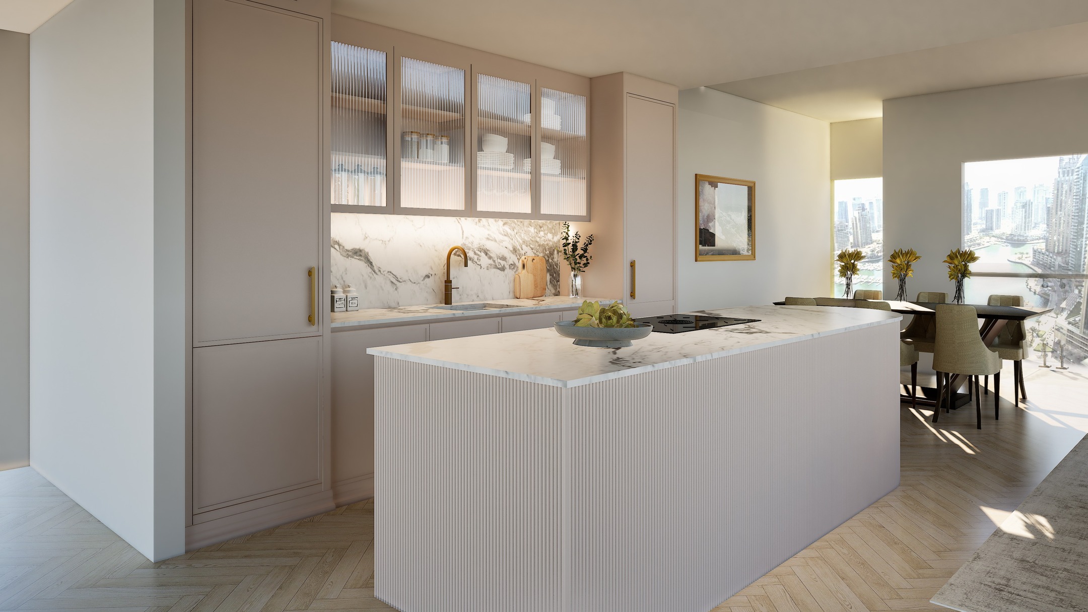 A sleek and sophisticated kitchen design concept for Cayan Tower, Dubai Marina. The curved island with fluted detailing and a striking marble splashback brings character and flow to the compact space, while integrated appliances keep it functional and streamlined.
For this project I suggested my client have a Quooker tap in patinated brass from @quookeruae and cabinet pull handles from @corstonarchitecturaldetail
#dubaikitchens #kitchendesignideas #modernliving #shakerkitchen #quookertap #quooker #reededglass #agedbrass #agedbrasshardware #benjaminmoorepaints #curvedisland #reededisland #cayantower