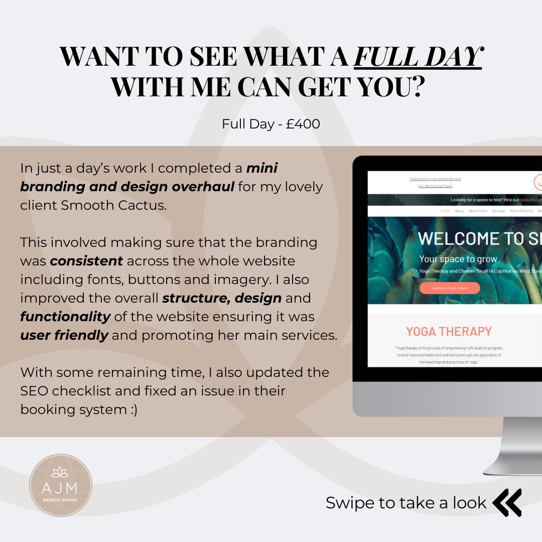 Does your website need some TLC?
Your website should be updated at least every 2-3 years to stay modern, functional, and effective. Outdated designs and content can drive visitors away, but a refreshed look can make all the difference!
Take a look at my most recent full-day website transformation I completed for Smooth Cactus Yoga...with before and after images, you’ll see how even a single day can completely elevate a website's impact.
💻 www.smooth-cactus.co.uk
✨ Full-Day Website Update: £400
Perfect for a refresh, ensuring your website is ready to impress.
✨ Half-Day Website Update: £250
For smaller tweaks and essential updates that still pack a punch.
✨ Availability is limited, so don’t wait! You can email me at hello@ajmwebsitedesign.co.uk to secure your spot and bring your website up to date!
#WebsiteDesign #WebsiteUpdates #WebDesignServices #SmallBusinessSupport #DigitalTransformation #WebsiteInspiration #BusinessGrowth #OnlinePresence #AJMWebsiteDesign #WebRefresh #WebDevelopment