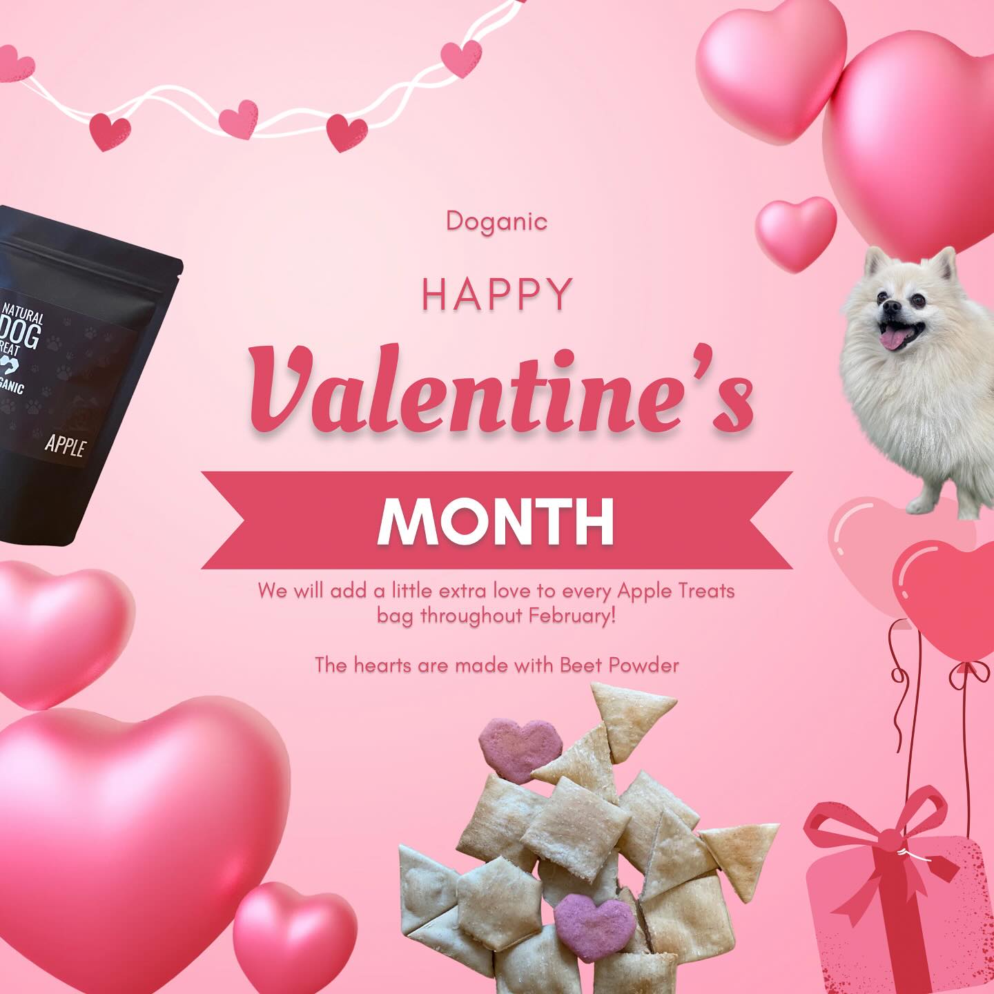 Happy Valentineโs Month! โค๏ธ
Sprinkle some love this February with our favorite treats! This month, weโre adding a little extra love to every apple treat bag. โค๏ธ
Keep an eye out for a special treat in your bagโnaturally colored with beet powder for your pupโs health. ๐ถ
As always, our treats are healthy, and good for both your pup and the planet. โค๏ธ
Order in Doganic.com