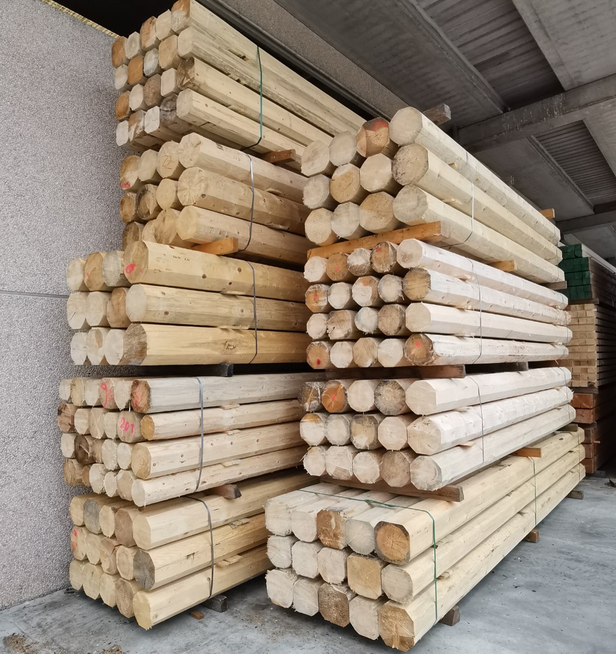 <Uso Trieste>
•
Conosci le travature Uso Trieste?
Si tratta di speciali travi ricavate da piante intere che, dopo essere state scortecciate, vengono squadrate meccanicamente su quattro lati, in modo da formare una sezione quadrata con angoli più o meno arrotondati (smussi).
Siccome questa squadratura segue la conicità naturale del tronco della pianta, le travi finite mostrano una sezione in diminuzione continua di circa 5/10 mm per metro.
•
La travatura Uso Trieste può essere utilizzata nella costruzione di tetti e coperture in legno e viene principalmente impiegata nel restauro di edifici storici, cascine e rustici.