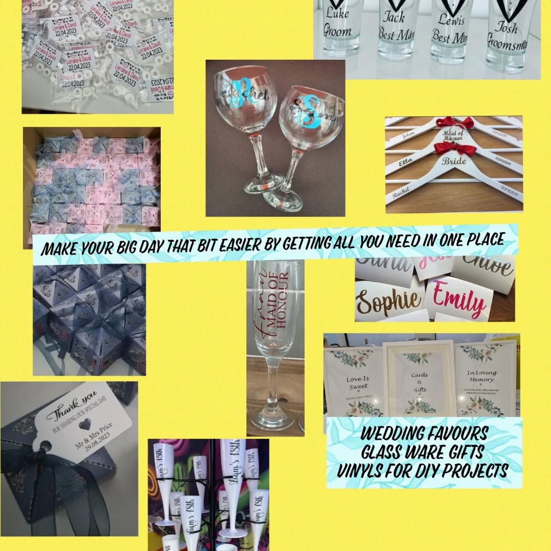 Personalised wedding items
Vinyls for own DIY projects ..
Many more personalised items