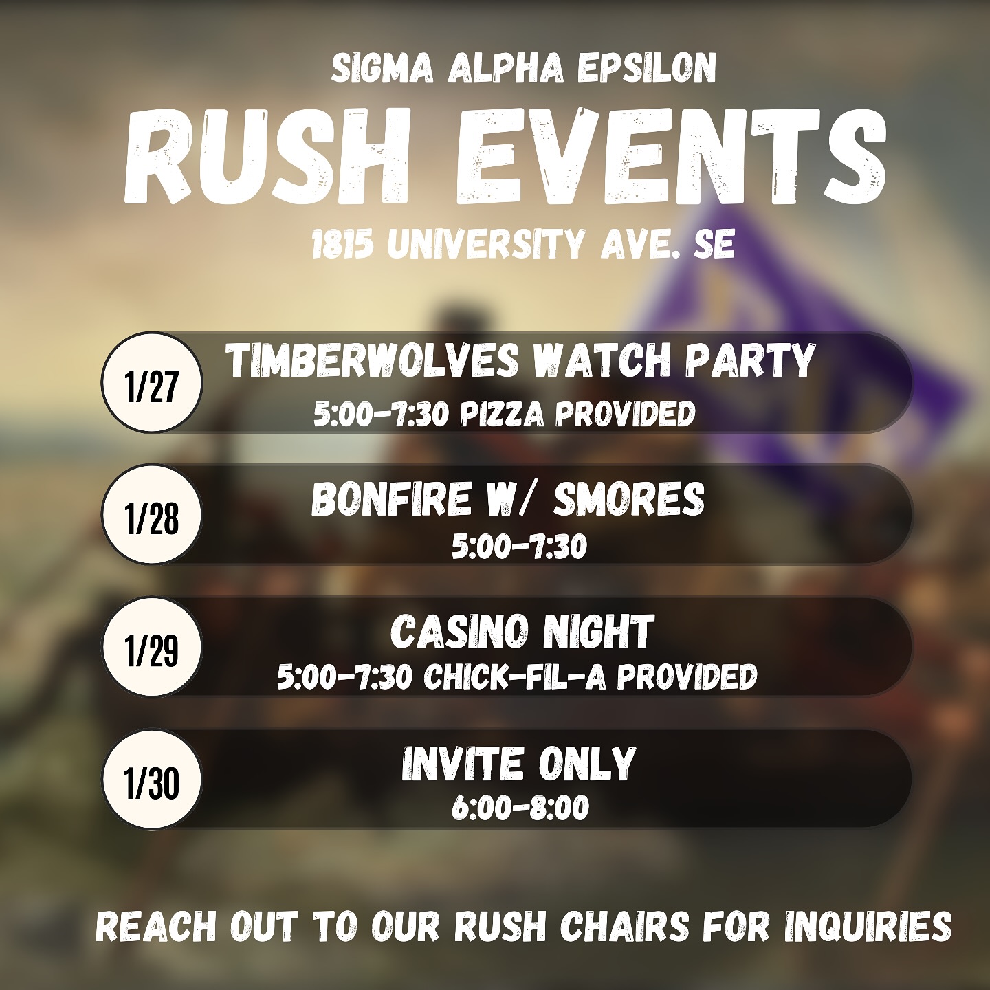 Rush Week is around the corner! Check out our event schedule and see what we’re all about. Interested or have questions? DM us or reach out to our rush chairs.