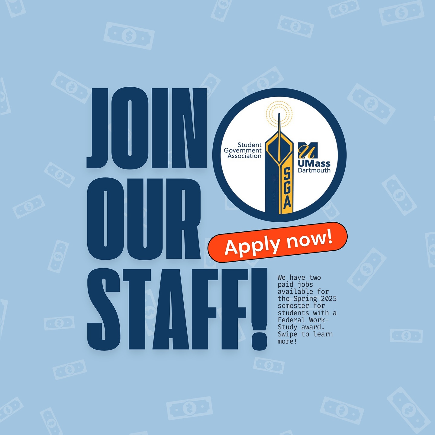 Need a job for this semester? SGA is hiring for two positions: SGA Photographer and SLRC Receptionist. Swipe to learn more and apply on CorsairJobs or at the QR codes on slide four. 💼📸 🖥️☎️
Applicants will receive an update on their application within a week of submission. Please email sgapres@umassd.edu with any questions.