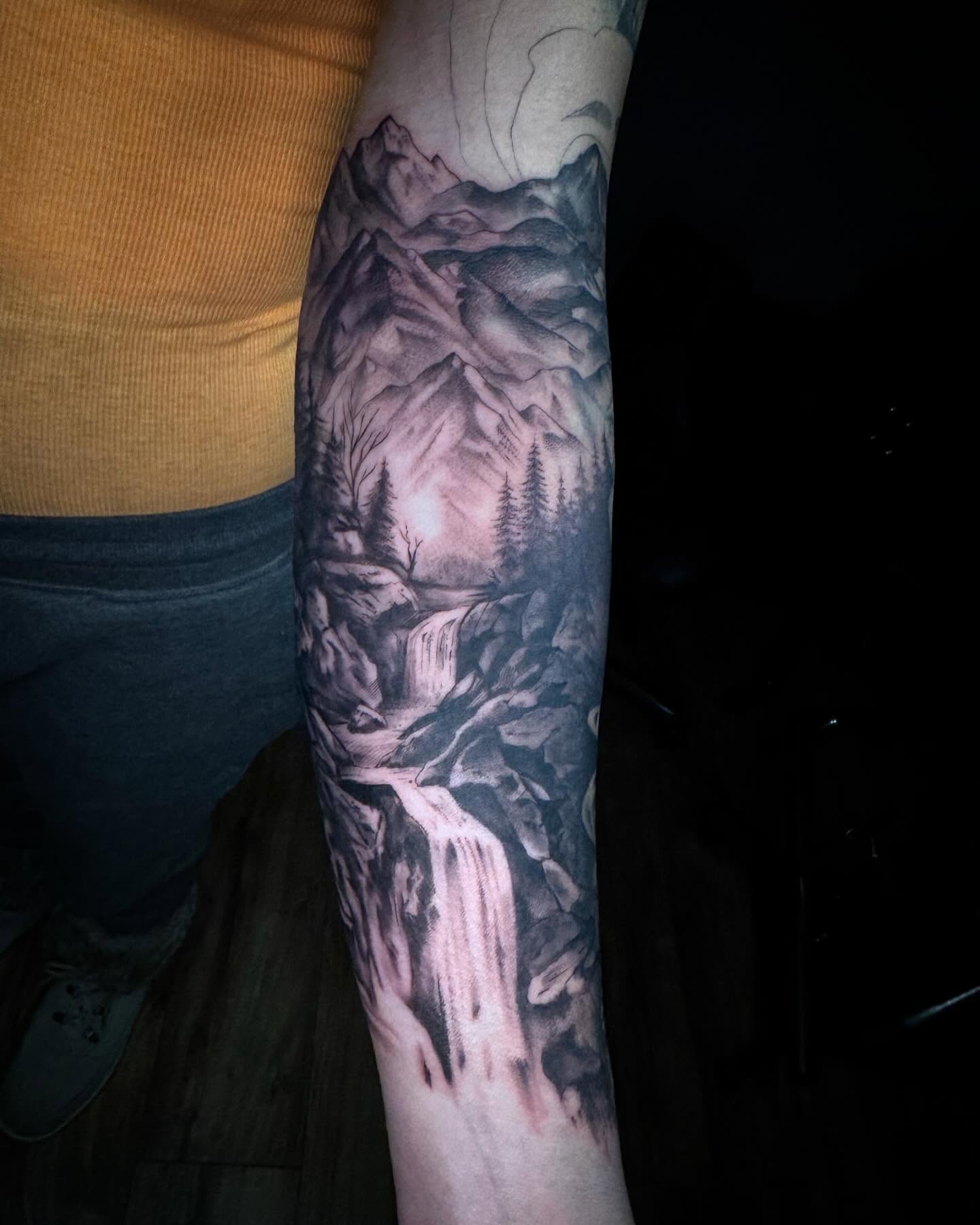Couldn’t be more stoked to bring this waterfall to life for my good friend. Honored to be part of this journey! Can’t wait to show the full sleeve. #waterfalltattoo #outdoorsoul #coloradotattooartist #naturelover #adventureawaits #denverartist