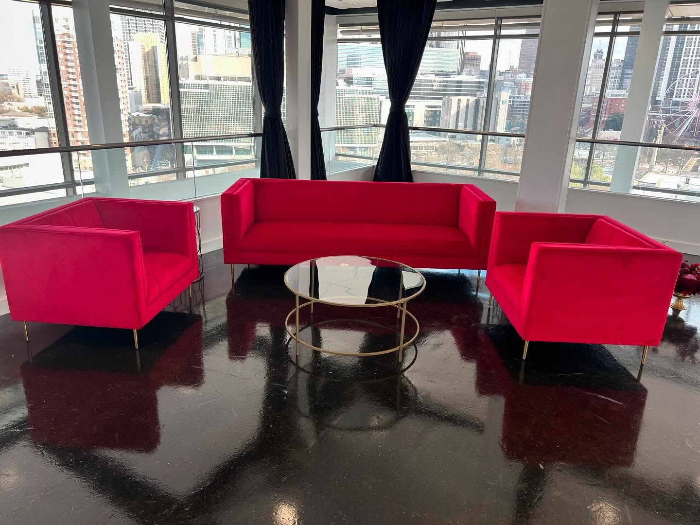 Our Roxy Red Sofas available for rental. #sofarentalsatl #atlantaeventrentals #partyrentalsatlanta #luxuryrentalsatlanta
