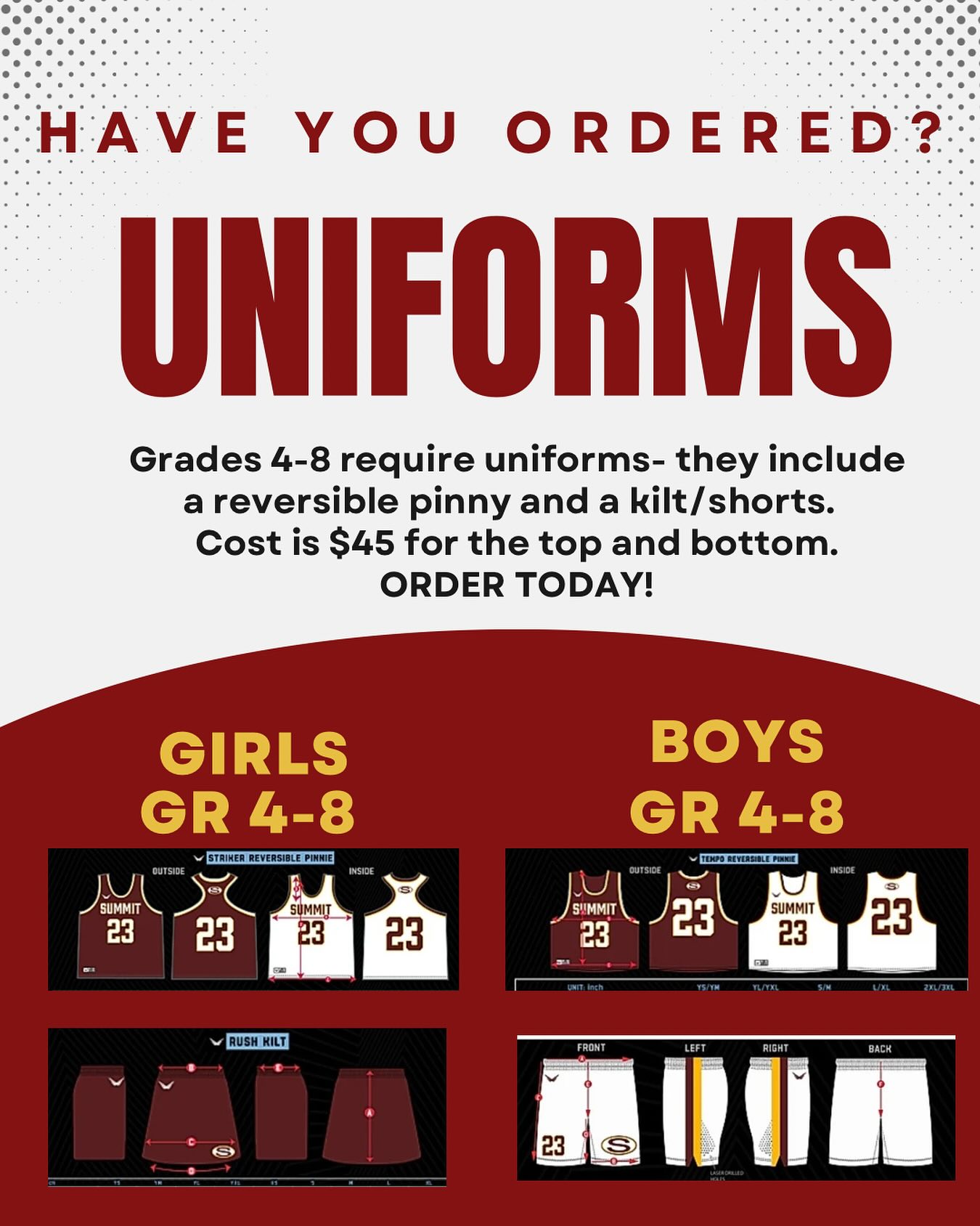 Don’t forget about the Uniforms! (Grades 1-3 do NOT need). If you do not own a uniform please order before the store closes on 2/1. We have been managing the volume in waves , so please use the updated link in bio.
If you have any questions- reach out to your coaches! 🥍
