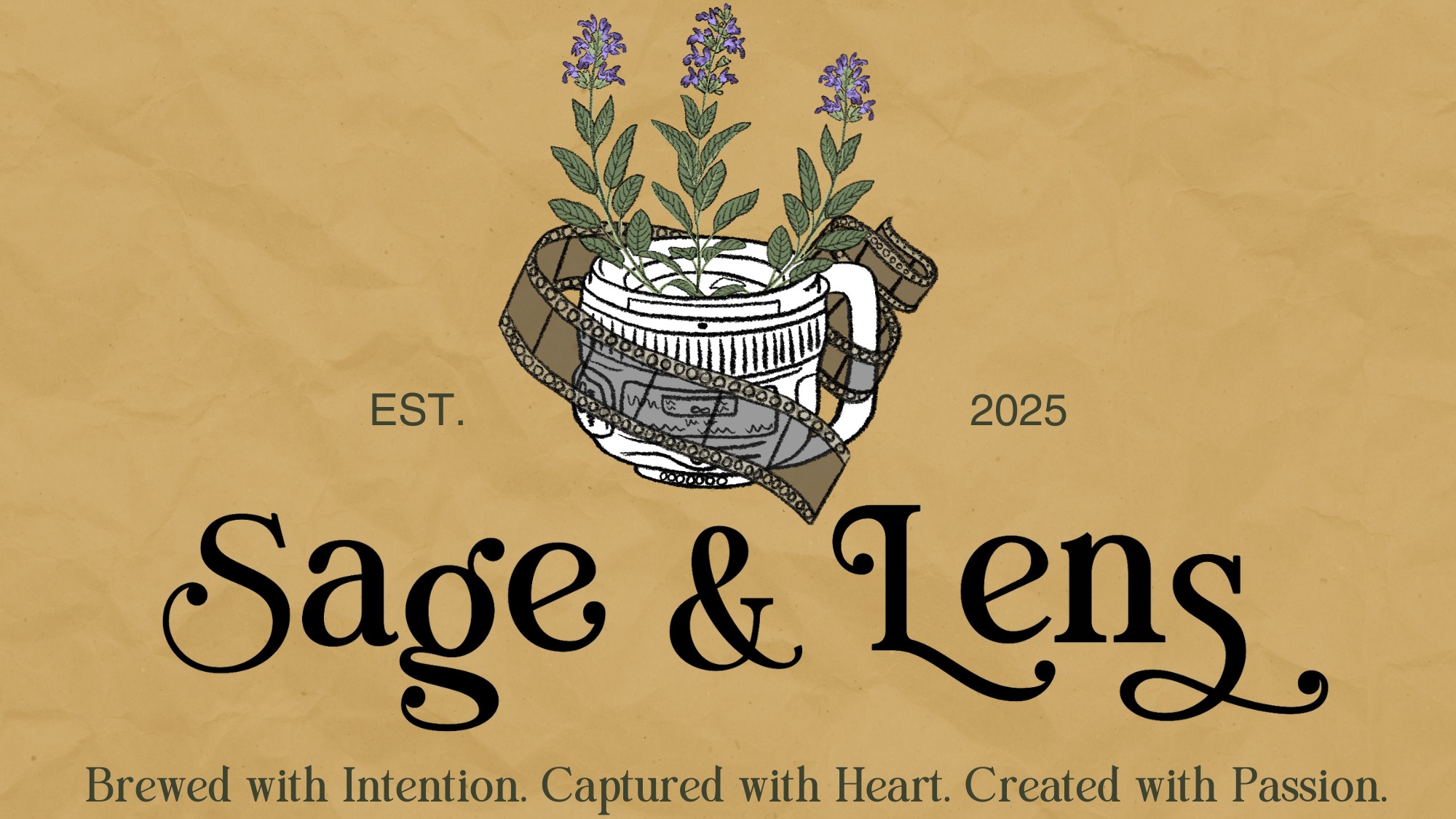 And here it is, folks! The official Sage & Lens logo!!
This concept was inspired by a few things, primarily my love of my 50mm portrait lens, which I turned into a little mug! It's growing, of course, fresh sage, which is a favorite herb of mine and a staple in many classic Sage & Lens herbal teas!
Finally, my passion for film photography is also incorporated with the winding film strip through the motif.
Be sure to check out my website for more exciting things! 😍