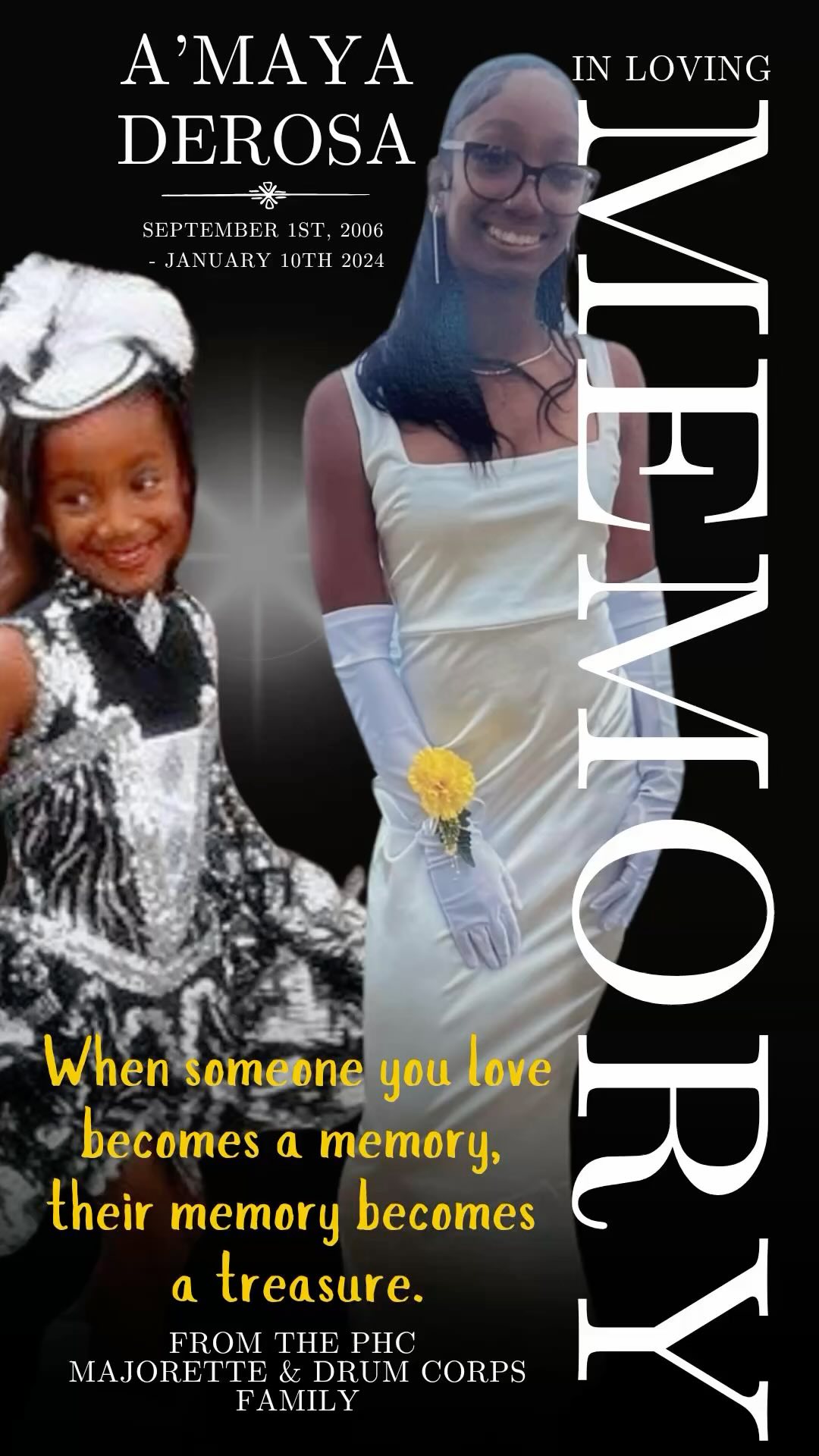 PHC Majorettes & Drum Corps extends our deepest condolences to A’maya’s family and friends. She will always be remembered as a member of PHCMDC. May she Sleep in Peace