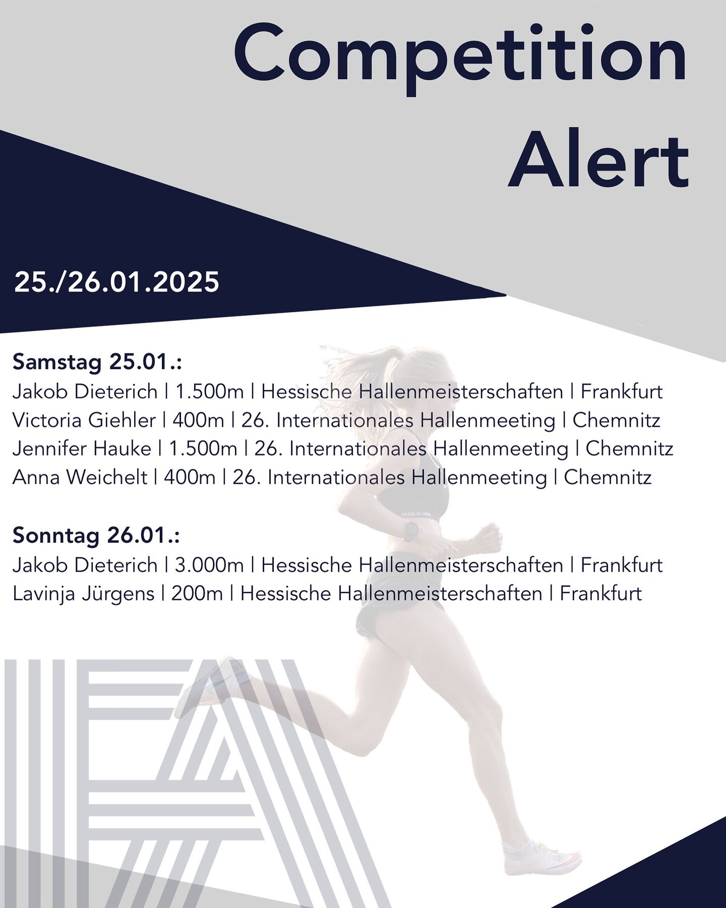 An diesem Wochenende finden die erste FA Starts statt 🔥
Unsere Athleten gehen bei den Hessischen Meisterschaften und dem Chemnitzer Hallenmeeting ab den Start, wir wünschen viel Erfolg und tolle Ergebnisse!
#FA #FrankfurtAthletics #germanyathletics