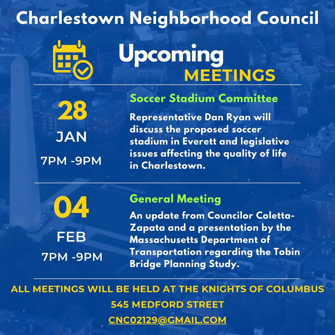 🚨 Charlestown Neighborhood Council Meetings!
Mark your calendars for two important meetings.
Your input is crucial—let’s shape our neighborhood together!
#Charlestown #GetInvolved #soccerstadium