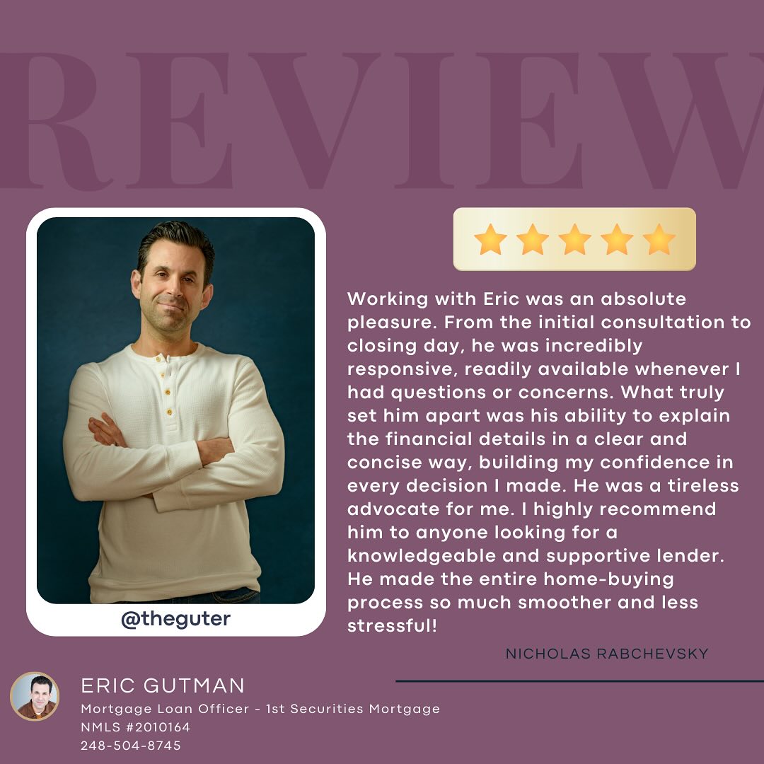 One of the nicest reviews I’ve received to date. I think my favorite line is when he says “he was a tireless advocate for me”.
It’s true. I fight for my clients. I fight for the best rates. The best pricing. The best circumstances. And I’m always there to explain every detail so there aren’t any questions as we move forward.
I’m not the biggest or flashiest mortgage broker in the Detroit area, but I’m the one that will take great care in you and your family as you navigate this incredibly difficult financial decision.
Another huge shout out to @kristajelsky for being a great realtor and helping get our client to the finish line quickly!