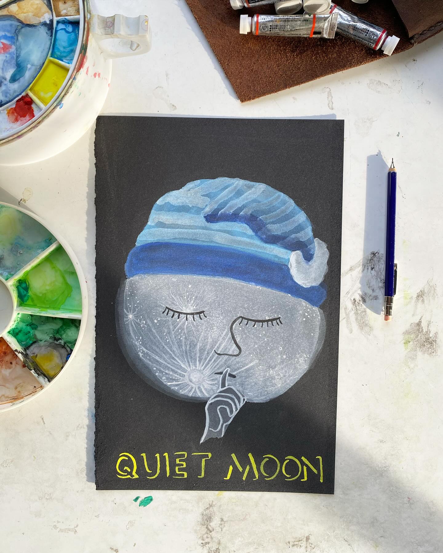 ✨𝘑 𝘈 𝘕 𝘜 𝘈 𝘙 𝘠✨
𝘘 𝘜 𝘐 𝘌 𝘛 𝘔 𝘖 𝘖 𝘕
Here’s the first of a new series, illustrating each month’s full moon. An attempt to stay grounded. Or moon-ed?
‘Quiet Moon’ is a Celtic name for the first full moon of the year. A moon that shines in a month of darkness, before the sun even begins to think about waking up the soil.
I like this image of the moon as parent, watchful and hushing. Surely the moon has seen it all before, and knows what to do?
