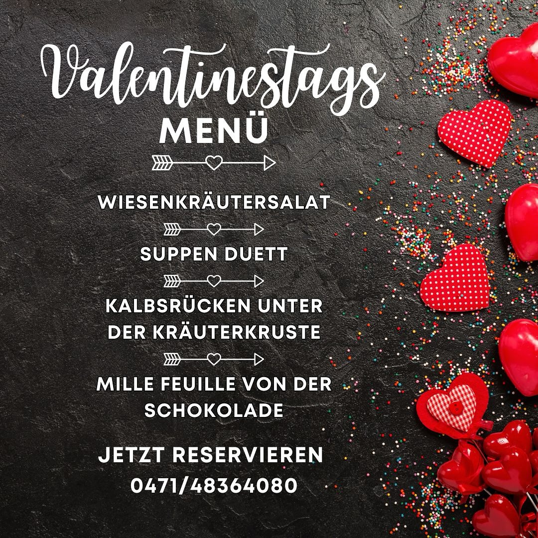— Ausgebucht —
Liebe geht durch den Magen!
Zum Valentinstag bieten wir unser romantisches Menü als 3 Gang (ohne Suppe) oder 4 Gang Menü an.
Jetzt direkt reservieren und am 14.02. genießen.
#valentinstag #romatik #dinner #zeitzuzweit #restaurant