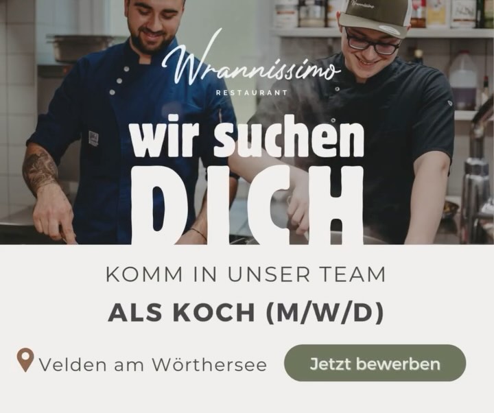 👨🍳 WIR SUCHEN DICH: KOCH (m/w/d) – START AB SOFORT!🍴
🌟 Dein Arbeitsplatz: Mitten in Velden am wunderschönen Wörthersee!
🔥 Deine Mission: Mit Leidenschaft kochen, kreative Gerichte zaubern und unsere Gäste begeistern!
Was wir dir bieten:
✔ Ganzjahresstelle an einem Arbeitsort, wo andere Urlaub machen
✔ Regionale & saisonale Küche – deine Ideen sind willkommen
✔ Modernste Küchenausstattung
✔ Ein familiäres Team & flexible Arbeitszeiten (5 oder 6 Tage pro Woche)
✔ Mitarbeiterbenefits
✔ Faire Bezahlung & moderne Unterkunft in Top-Lage
Was du mitbringst:
✅ Abgeschlossene Ausbildung als Koch/Köchin & Berufserfahrung
✅ Leidenschaft für frische Zutaten & kreative Küche
✅ Teamgeist und Lust auf neue Herausforderungen
📩 Jetzt bewerben:
Schick uns deine Unterlagen an jobs@wrann.at oder ruf uns an: 04274 2141.
Wir freuen uns auf dich! 😊
💡 Du hast keinen Plan vom Kochen? Dann teile bitte diesen Beitrag mit allen, die den Kochlöffel bei uns schwingen wollen! 😉