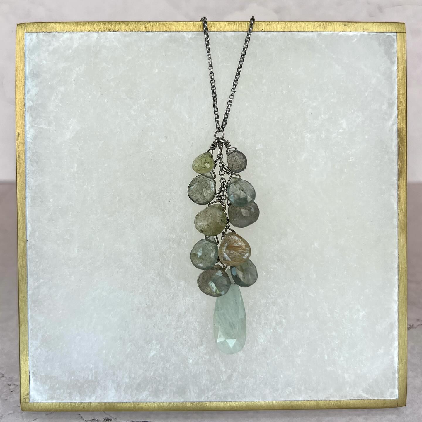Milky and Moss Aquamarine with Rutilated Quartz and Labradorite Briolette cluster necklace. #amycashjewelry