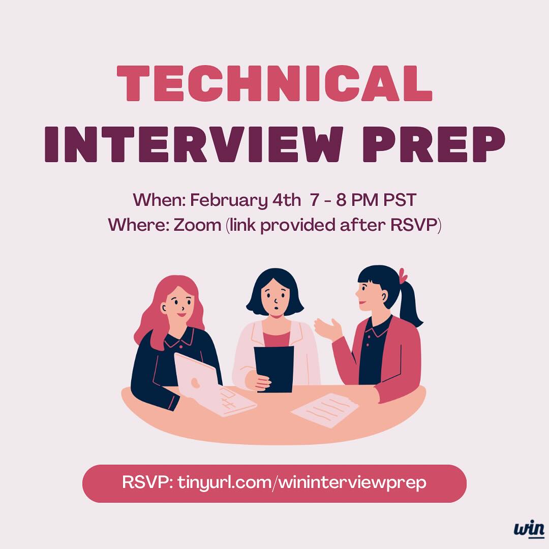 📣 Calling all aspiring software engineers! 📣
Recruiting season is upon us again, so join us for a interview prep session for engineers, where you can gain insights into the interview process and access our resources with an optional practice component on Tuesday, 2/4 from 7-8 pm PT.
We will also be raffling two $25 gift cards, so don’t miss out! RSVP today: tinyurl.com/wininterviewprep