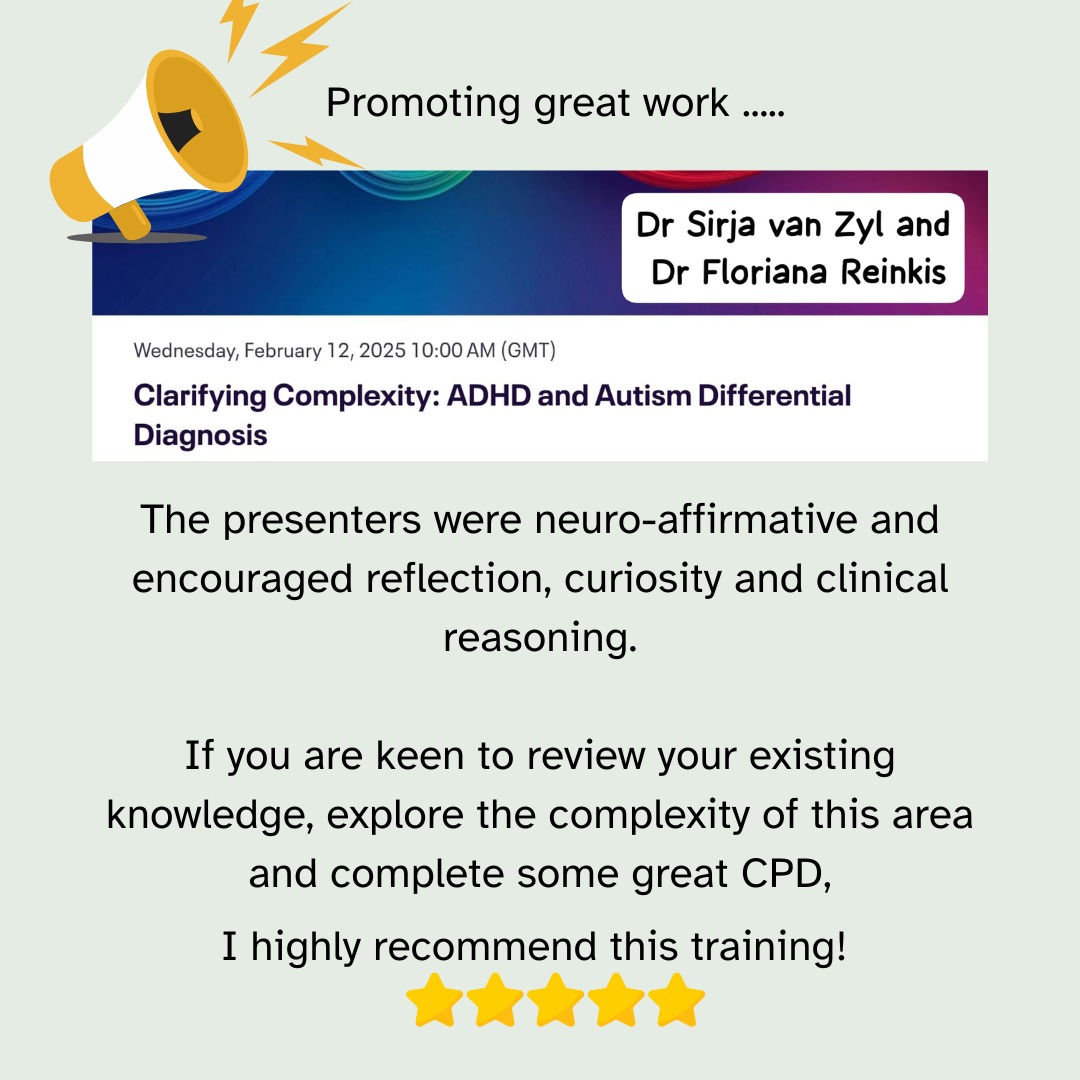 Regardless of how experienced you are or how many times you cover a topic, you can always, and should always, seek to expand your knowledge and evolve.
This training was excellent and I would highly recommend it to anyone who works in the assessment or post-diagnostic support field with neurodivergent individuals.
P.S. I have not been asked to provide feedback but I love to share other clinicians successes and promote positive practice!
#CPD #AlwaysLearning #Curiosity #Complexity #SharingPositivePractice #WomenSupportingWomen #PrivatePractice #Reflection #DifferentialDiagnosis #Autism #ADHD #AuDHD #Neurodivergent