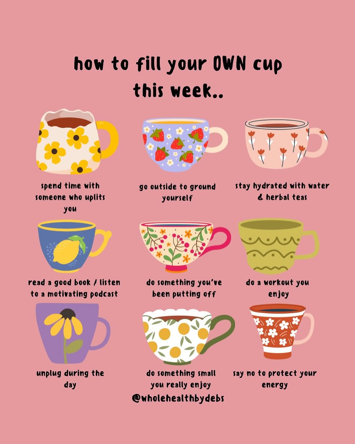 It’s a NEW week to look after yourself, to be better able to look after others♥️🌸
Filling your own cup will help you to have the energy to be there for others..
☀️Spend time with someone who uplifts you, or give them a call.
☀️Go outside to get some sun and take of your shoes to feel the earth under your feet.
☀️Stay hydrated with lots of water and herbal teas - your brain needs it.
☀️Read a book that motivates or relaxes you or listen to a motivating podcast - take it slow on the negative content.
☀️Do one thing on your list you’ve been putting off - a sure mood booster!
☀️Do a workout you ENJOY - not because it works, because you LIKE it.
☀️Spend some time without screens - while you are eating or just sitting and being quiet.
☀️Do something you really enjoy, even if it’s something small and seems silly to someone else - find YOUR joy.
☀️Say no, set those boundaries to protect your mental & physical energy.
🫶🦋🌸Remember - you really can’t pour from an empty cup🌺🫶🦋
Repost from @wholehealthbydebs
#selflove #affirmations #dailyaffirmations #selfworth #positivethinking #positiveaffirmations #empoweringaffirmations #selfcareaffirmations #loveyourselfalways #selflovemantras #affirmationsoftheday #mindsetaffirmations #mantras #selflovesayings #selfesteemboost #confidencebuilding #encouragement #selfempowerment #selfbelief #loveyourlife #mindfulnesspractice #mantramonday #choosejoy #beconfident #happinessisachoice #positivevibesonly #goodvibes #positivemindset #affirmyourself #mindsetreset