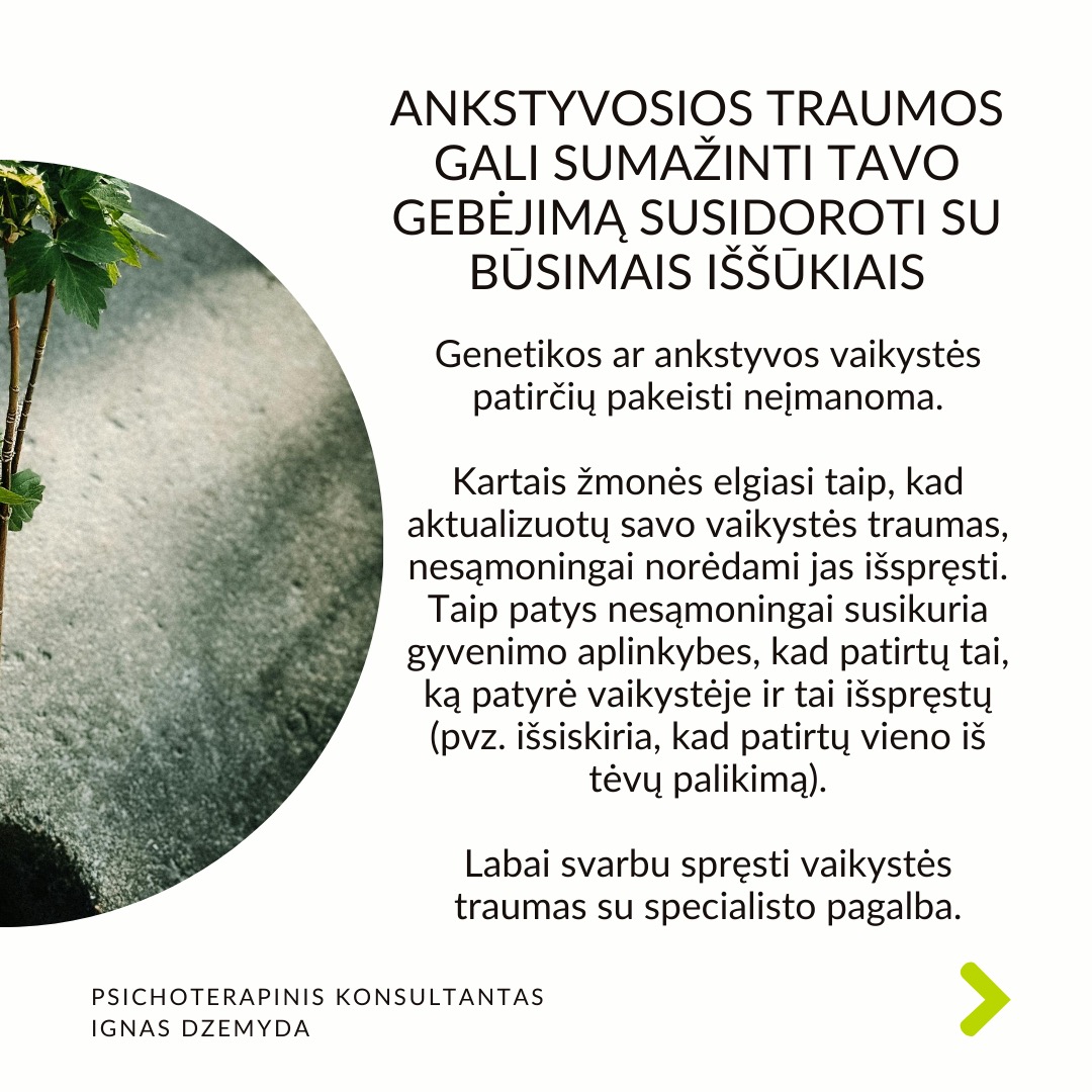 Psichologinis atsparumas
Viduje turime resursų įveikti sunkumus. Atsparumas (resilience) –
tai psichologinė savybė, leidžianti prisitaikyti prie gyvenimo iššūkių, sunkumų ar trauminių įvykių ir juos įveikti. Dalis žmonių, susidūrę su sunkumais, trauminiais įvykiais ar nesėkmėmis, randa būdų pakeisti kryptį, emociškai išgyti ir toliau judėti savo tikslų link. Aplink matau, kaip žmonės kenčia dėl atsparumo trūkumo, ir noriu jiems padėti.
Atsparumo veiksniai neaiškūs. Tyrimais nustatyta, kas padeda: teigiamas požiūris, optimizmas, gebėjimas reguliuoti emocijas ir gebėjimas suvokti nesėkmę kaip naudingą grįžtamąjį ryšį. Bet atsparumo veiksniai neaiškūs.
Atsparumas vystosi ankstyvoje vaikystėje. Gali būti, kad yra genetinis polinkis į psichologinį atsparumą. Tačiau ankstyvos vaikystės gyvenimo aplinkybės ir patirtys turi svarbų vaidmenį psichologiniam atsparumui. Dabartiniai įvykiai (pvz. skyrybos su antra puse) gali aktualizuoti ankstyvosios vaikystės traumas (pvz. tėvų skyrybas, vieno iš tėvų praradimą) ir sugriauti žmogų.
Kaip ugdyti savo atsparumą? Sveiki įpročiai – pakankamai miegoti, gerai maitintis ir mankštintis – gali sumažinti stresą, o tai savo ruožtu gali padidinti atsparumą. Svarbi artimųjų parama iškilus bėdai. Padeda stiprios moralinės ir etinės normos (pvz. tikėjimas). Svarbu nekelti nerealistinių tikslų. Rekia išmokti įsivardinti ir išreikšti savo jausmus.
Atsparumą didina tikėjimas, kad pats esi savo likimo kalvis. Įrodyta, kad didesnį atsparumą turi žmonės su vidiniu kontrolės lokusu. Jie tiki, kad jų gyvenimą lemia jų pačių pastangos, sprendimai ir veiksmai. Jie prisiima atsakomybę už savo sėkmes ir nesėkmes, jaučia didesnę kontrolę ir yra linkę imtis iniciatyvos sprendžiant problemas.
Ką daryti? Tikras atsparumas nereiškia, kad niekada nesusidursite su sunkumais. Jei nesusidursite su skausmingomis patirtimis, niekada neatrasite savo atsparumo. Todėl skausmas yra natūrali augimo dalis. Svarbu reflektuoti savo patirtis.
Nepamirškime pasirūpinti savimi!
#psichologija #psichoterapija
#savespazinimas #psichologas #emocinesveikata #psichologinepagalba #savirefleksija #terapija #psichinesveikata #meditacija #gyvenimokokybė #asmeninisaugimas