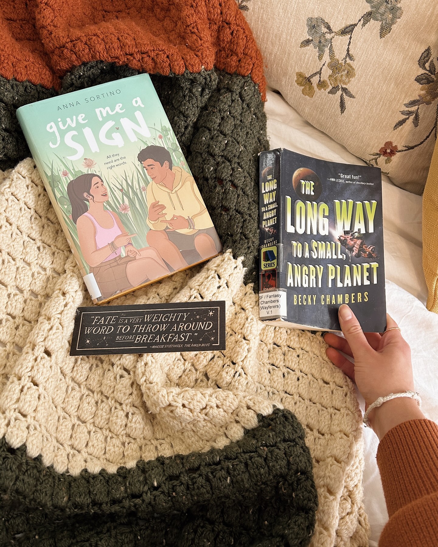 What’s your fav part of your library? 📚
I moved twice last year and finally got the chance to visit the library down the street! They have a writers group every week that I am very excited (and nervous 😅) to attend. I’m crossing my fingers it’s a good experience!
Of course, I’m also happy about my first #libraryhaul of Give Me a Sign and The Long Way to a Small, Angry Planet.
⭐️ Give Me a Sign is my first 5-star read of 2025! The romance was adorable, the main character was relatable, and I loved the exploration of Deaf culture.
🪐 The other book is for my book club! I’m only 40 pages in, but it’s been a while since I’ve read a straight sci-fi.
Take this as your sign to visit your library!