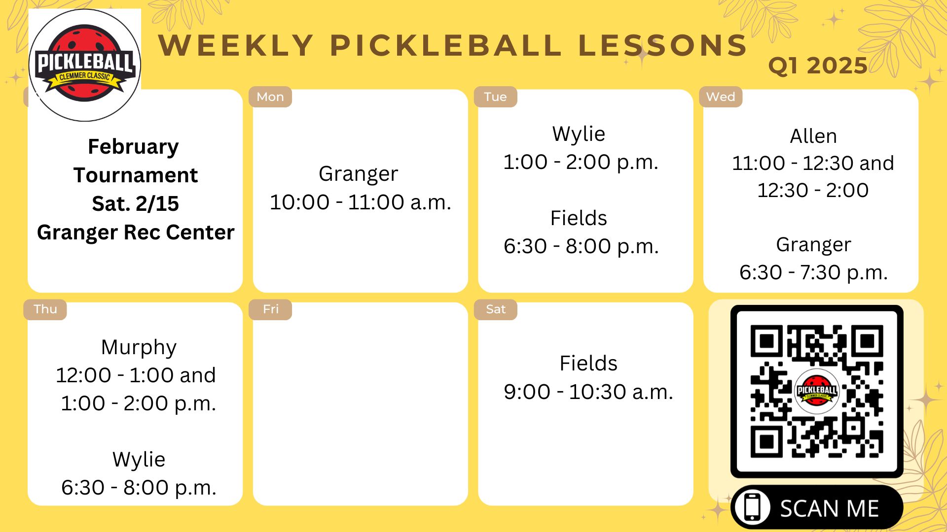 Register now for February Pickleball Lessons in Allen, Garland, Murphy and Wylie indoor rec centers.
Additionally, we are hosting a Beginner/Intermediate Tournament on Saturday, 2/15 at the Granger Rec Center in Garland.
Use the QR code to register today!
#dallaspickleball
#wyliepickleball
#garlandpickeball
#pickleballnorthtexas
#planopickleball
#pickleballlife
#pickleball
#pickleballrocks
#pickleballaddict