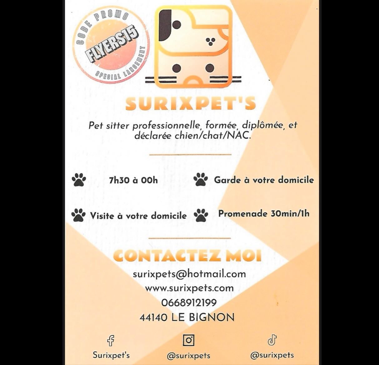 ‼️INFORMATIONS IMPORTANTE ‼️
Vous pouvez d’ores et déjà réserver vos prestations sur www.surixpets.com ! N’oubliez pas le code promo spécial lancement offrant 15% sur tout le site : flyers15
Les prestations sont ouvertes pour mars et les mois suivants, foncez !
Bon week-end à bientôt ! 🐾