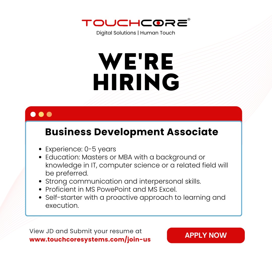 Join Our Team! Touchcore Systems is Hiring a Business Development Associate
We're looking for a dynamic entry-level Business Development Associate to join our team and drive growth in the IT services sector. If you're passionate about building client relationships, identifying new opportunities, and contributing to strategic growth, we want to hear from you!
🔹 Location: Pune (Work From Office)
🔹 Experience: 0-5 years in business development, sales, or related roles in IT services.
🔹 Skills Required: Market research, lead generation, client communication, proposal writing
At Touchcore Systems, we work on cutting-edge software development projects across industries, including AI/ML, cloud computing, and biomedical IT solutions. Join us in shaping the future of tech!
Interested? Visit https://www.touchcoresystems.com/join-us