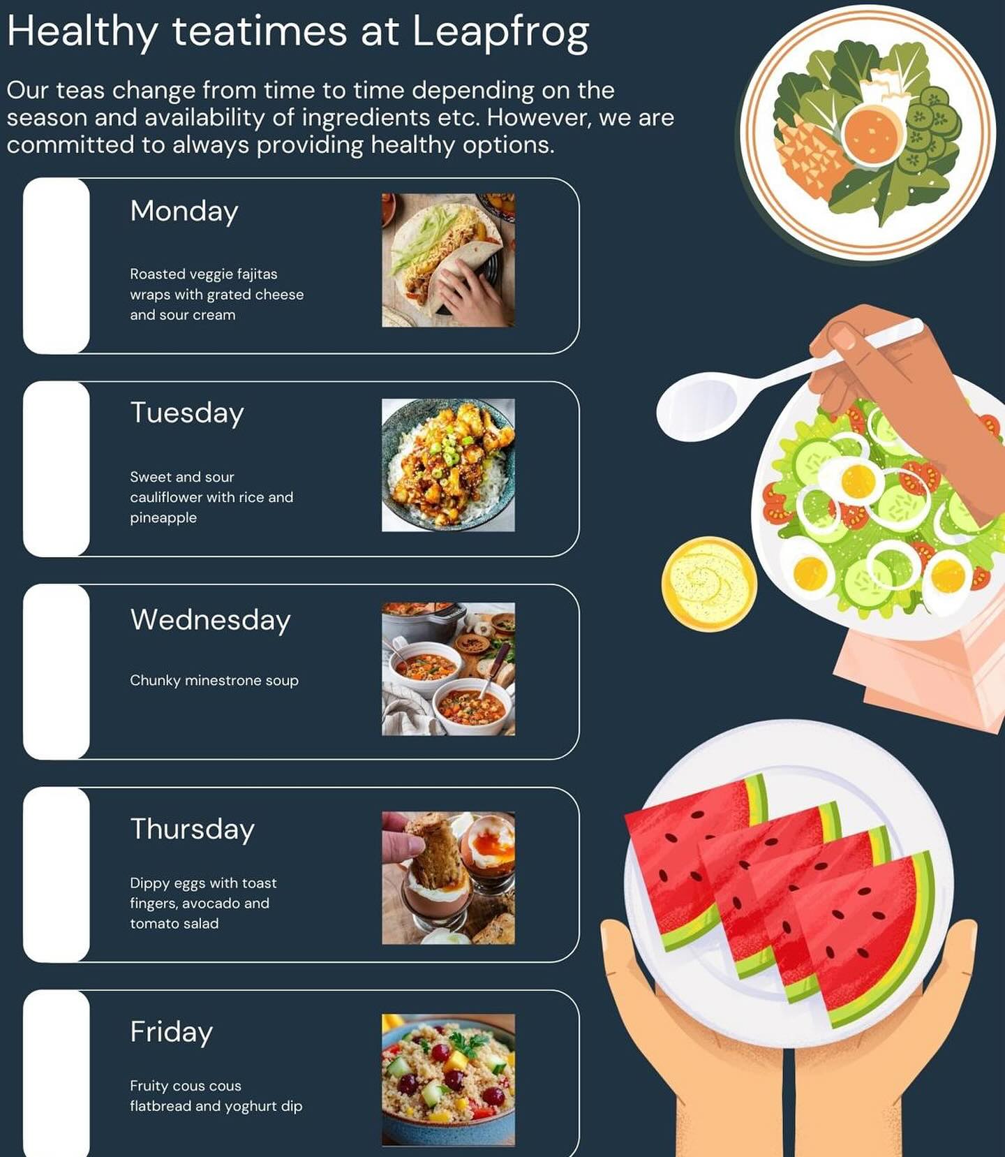 Introducing hot healthy teas at Leapfrog has been a huge success… children enjoy trying new foods and helping to prepare their afternoon meal each day. This week sweet and sour cauliflower with brown rice and pineapple was a favourite! We will keep trying and testing new recipes, get parent and children’s feedback and support children’s understanding of how to nourish their body with natural healthy food 🙌🏻 #healthylifestyle #healthyfood #recipes #teatime #kidsmeals #menuideas #eyfs