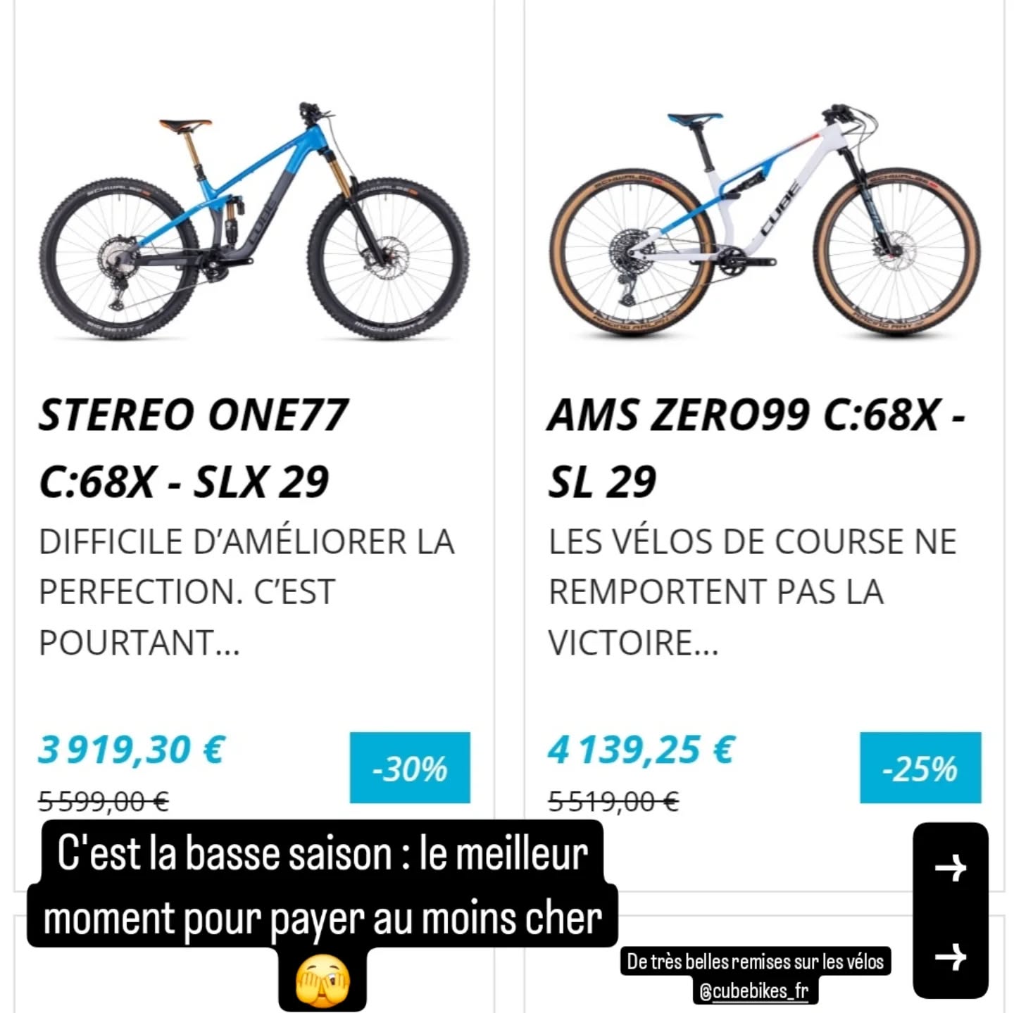 Basse saison = promotions 💸
C'est le moment d'acheter son nouveau vélo Cube à prix tout doux 🙃
#newbikeday #cubemtb #cubeebikes #pourmonvelo #verriereslebuisson #velotaff