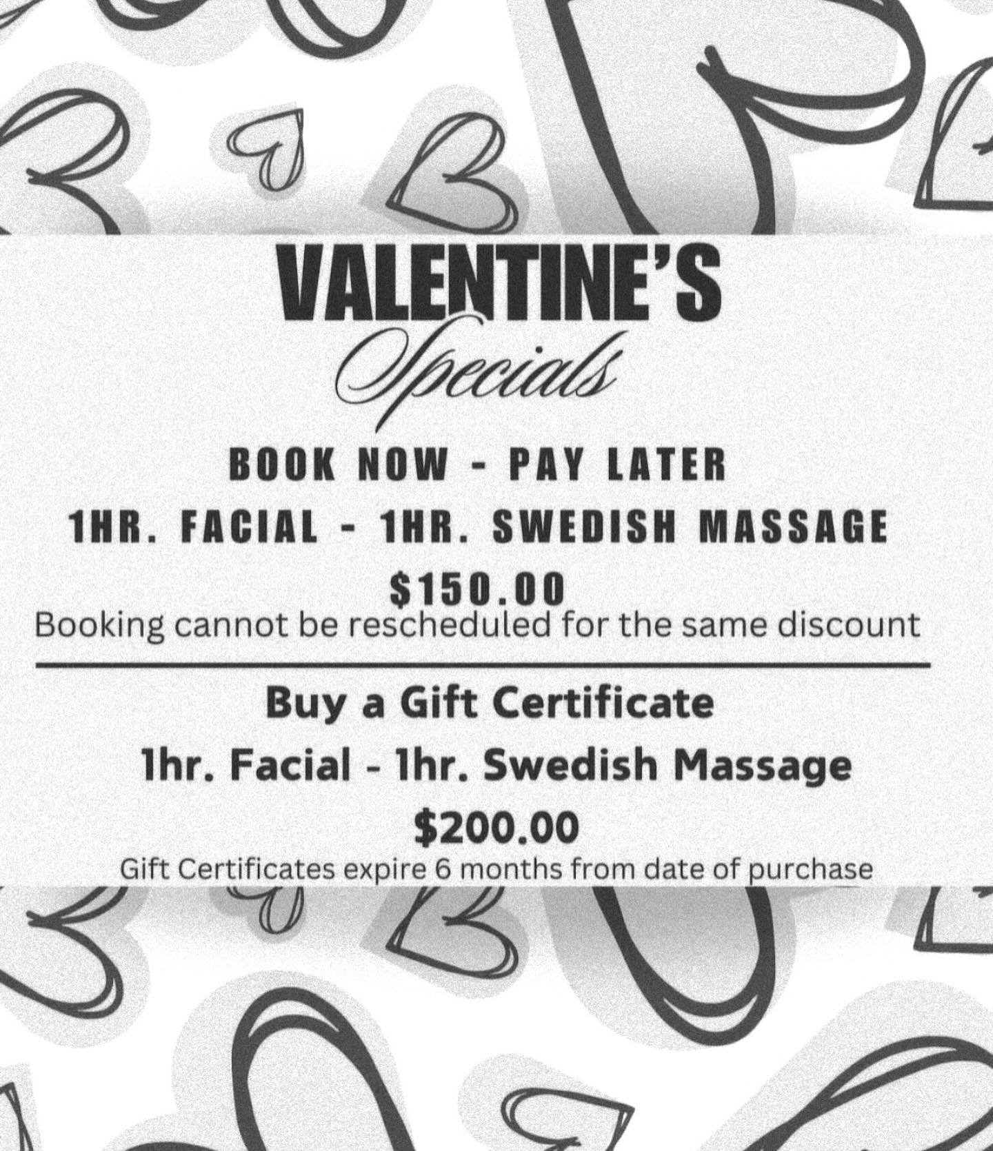 Valentines Special!
Book now and pay later a Studio 77 1hr. Facial and 1 hr. Massage and receive both for $150.00 (a $50.00 savings). Must book on or before February 14, 2025 - Booking through 7-1-2025. (this cannot be rescheduled)
Buy a Gift Certificate for a 1hr. Facial and a 1hr. Massage for $200.00! (gift certificate expire 6 month from the date of issue)