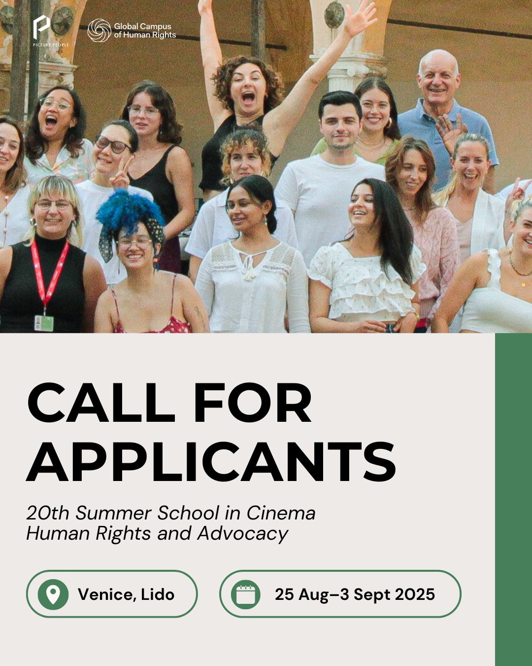 Storytellers and Creatives, you can make the weather!
This is your sign: the Summer School in Cinema, Human Rights & Advocacy is back for its 20th edition!
Learn from industry pros, connect with changemakers, and turn your vision into impact.
Scholarship opportunities available!
📅 August 25 – September 3, 2025
📍 Venice Lido, at the heart of @labiennale Film Festival
Head to the link in our bio to apply!
This initiative is powered by @picturepeoplemsp and @gchumanrights
#CHRASchool #GCHumanRights #BiennaleCinema2025 #ecoactivism #environmentalist #environmentaljustice #filmindustry #filmindustrynetwork #italy #filmworld #thereisnoplanetb #humanrights #humanrightsadvocacy #peoplescreatives #savetheplanet