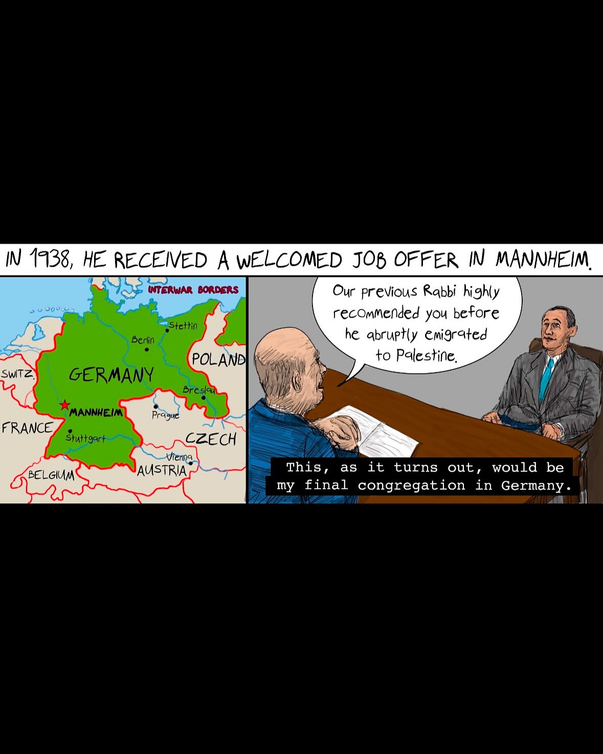 From two pages of my grandfather Karl Richter’s story about leading a synagogue in Mannheim during the Nazi POLENAKTION of October 1938— when 17,000 Polish Jewish men living in Germany were arrested and deported to Poland, a home country many had never stepped foot in. After initially sitting for weeks in a no-man’s land when Poland refused to accept them, these men were eventually processed through displaced persons camps, and then concentration camps. Most never saw their homes or families again.
It’s with a sickening, dizzying sense of Deja vu that I watch the current mass roundups and deportations of undocumented people in this country. It’s as if they’re following a playbook…