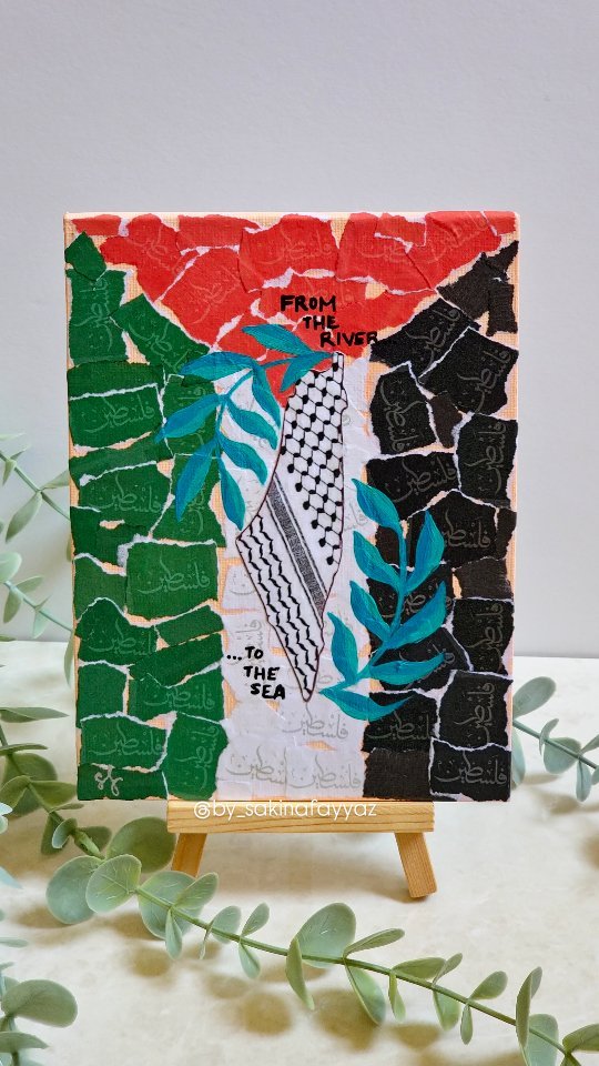 ♥️ Bringing back these Palestine minis by popular demand! Just like last time, 50% of the profits will be donated to @qcharity in support of Palestine. Thank you for being a part of this cause!
🇵🇸 The concept behind these paintings is deeply symbolic. I began by tearing papers with "Palestine" written on them into pieces, representing how their land, families, and lives are being torn apart.
However, I then reassembled those pieces to form the Palestinian flag, symbolizing how, despite the atrocities, the people will come together to rebuild their land and lives.
The map of Palestine with the keffiyeh pattern further highlights their resilience, while the olive leaves signify the victory and peace that will one day flourish in their homeland.
18 x 13 cm | Acrylic on canvas
Update: SOLD