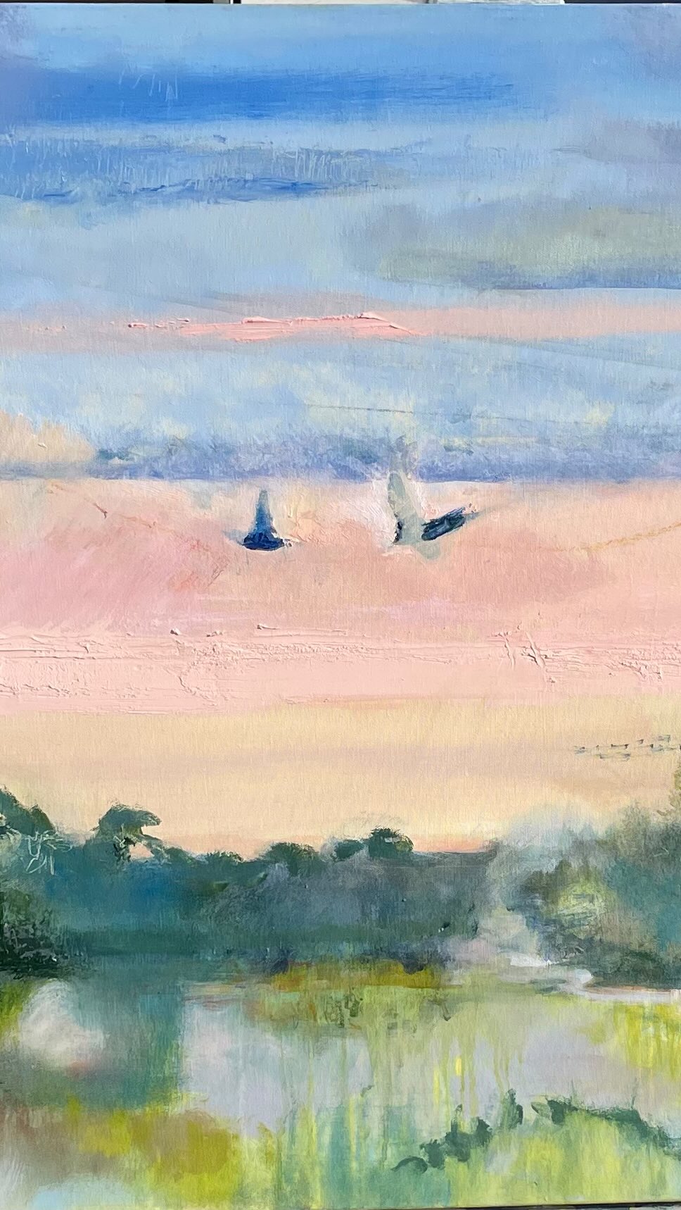 ‘Nightjars at dusk on Whitmoor Common’ … is flying home! So thrilled to have finished this one for beautiful friends. I will miss its peaceful presence in my studio and the joy of listening to birdsong for hours while i painted it. At times i was just in tears at the sheer privilege of being able to do this for a job. Some things in life are worth waiting for. Painting full time and being able to do it for such dear friends is a joy beyond joys….my goodness it was worth waiting for. Never give up on your dreams. Xx
#rosmansfieldart
#nightjars
#dusk
#whitmoorcommon
#whitmoorcommonguildford