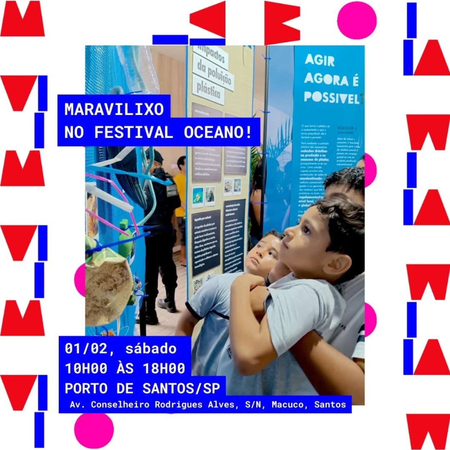 Amanhã, dia 01/02 (sábado), a #maravilixo participará do Festival Oceano (@festivaloceano), realizado pelo Lixo Zero Baixada Santista (@lixozerobs) com patrocínio do Porto de Santos (@portodesantosbr)!
Um festival voltado para a cultura local e a preservação do ambiente marinho e você não pode ficar de fora!
Essa edição celebra o aniversário do Porto de Santos com uma super programação gratuita e para todas as idades: apresentações musicais, feira de artesanato, food trucks e muitas atividades infantis focadas na sustentabilidade e meio ambiente!
Venha fazer parte desse dia e conhecer nossa exposição "2050", que aborda a problemática do consumo e descarte do plástico, a poluição desse material nos oceanos e ações possíveis de adotarmos enquanto cidadãos a partir dos 5 Rs da sustentabilidade!
O Festival também terá visitas guiadas ao Museu do Porto, postos de coleta para óleo de cozinha usado e lixo eletrônico, bicicletário (não esqueça o cadeado!) e, pela primeira vez, será pet-friendly! 🐶
AVISO IMPORTANTE: Mesmo com o mau tempo, o festival NÃO SERÁ CANCELADO! Haverá uma área coberta e segura para todos curtirem tranquilos!
Esperamos vocês amanhã, das 10h às 18h, na sede da Autoridade Portuária de Santos.
Endereço: Av. Conselheiro Rodrigues Alves, S/N, Macuco, Santos!
Até lá!