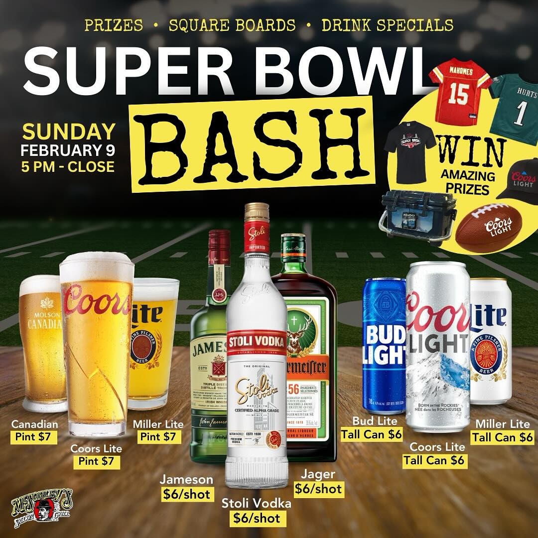 Join the Super Bowl Bash @mcsorleyssaloon Sunday February 9th starting at 5:00pm. Weβve got deals on beer, booze & food! Square boards and Prizes give away during the game. At the end of each quarter get yourself a chance to win team jerseys, Coors Lite cooler and a grand prize of a Coors Lite Glass Door Mini Fridge! To book your table please visit our website or give us a call at 416-932-0655. Cheers! ββββββββββββββββββββββββββββββ#bayviewleasidebia #leasidelife #leasidetoronto #bayviewvillage #yongeandeglinton #davisvillevillage #rosedaletoronto #mountpleasanttoronto #torontopub #torontobar #torontosocial #localsportsbar #midtowntoronto