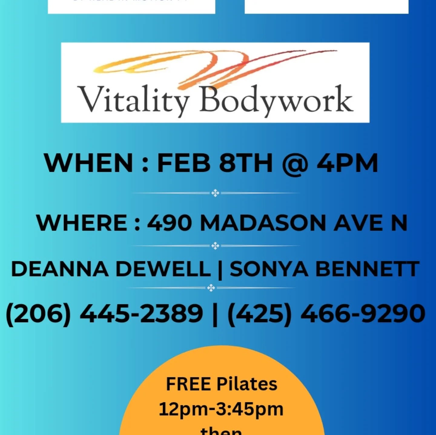 Grand opening!
Please join us in our new digs for party at 4pm and FREE pilates at 12pm-345pm. Come sample 15 min on various apparatus: reformer, Cadillac, wunda chair, spine corrector....with iur BASI certified Pilates instructors sat feb 8th.