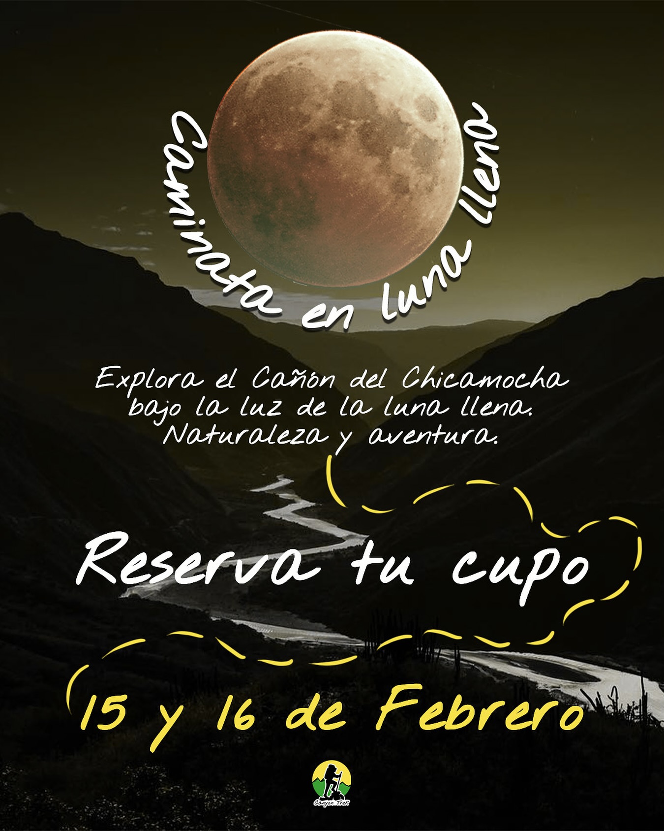 🌕 Caminata Nocturna en Luna Llena 🌿
Vive la magia del cañón del Chicamocha bajo la luz de la luna llena. Caminaremos por senderos ancestrales iluminados por la luna llena en su mayor expresión, conectando con la naturaleza en una experiencia única. Finaliza con una cena campesina y buena compañía. Al amanecer visita el oasis en medio del cañón y reconócelo en todo su esplendor.
📅 15 de Febrero 2025 | 📍 Los Santos | ⏳ Cupos limitados
¿Te animas a caminar bajo la luna? 🌙✨ Reserva tu cupo.