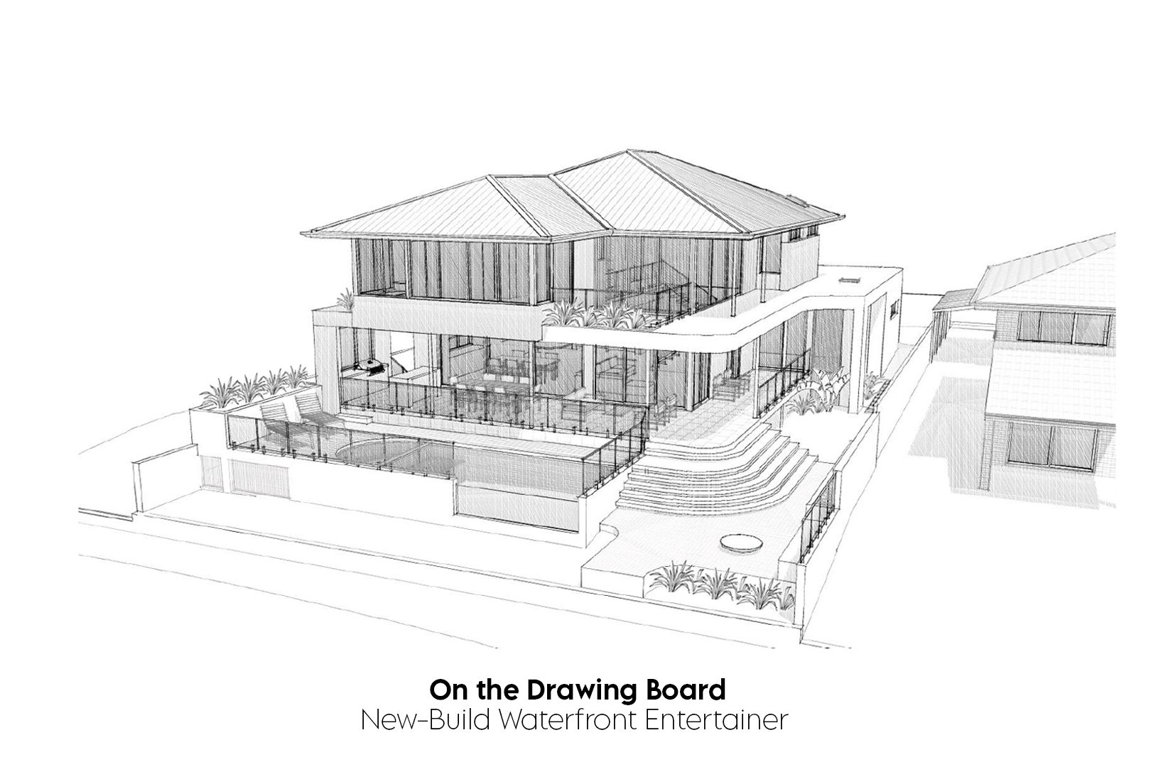 We're excited to be working on this new luxury private residence, which has
- 4 Bedrooms, 4.5 Bathrooms
- Open-plan Living, Dining & Kitchen
- Butler's Pantry + 2x Step-in Linens
- Gym, Study, Media &
- Outdoor Kitchen, Alfresco
- Pool, spa, sundeck, grand steps & firepit
- Skylights and window in pool
- 5 covered carparks
- Raised planter boxes & walkways help ground this otherwise elevated design, which needs to be above the Q100 flood level
- Large roof overhangs shade the north-east facing primary Living room which has a double height ceiling
We're now current working on the exterior material/colour scheme options so stay tuned for them!